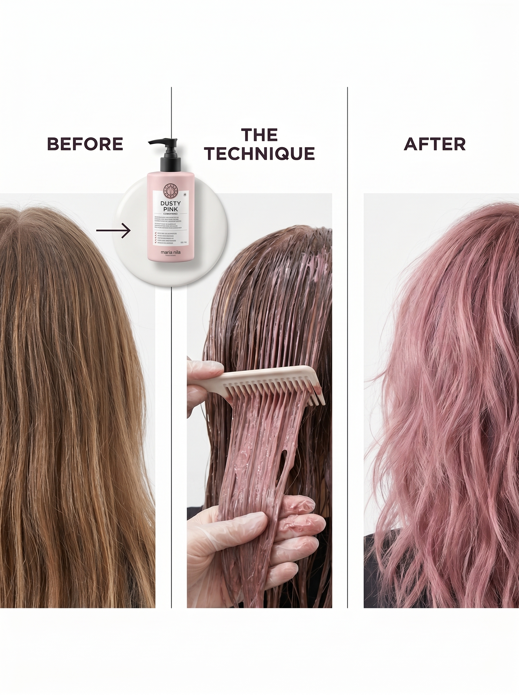 A model showcasing dusty rose quartz shag hair, a playful soft summer hair color 2026. The muted pink and violet tones create a bohemian and creative look. Features a color-depositing conditioner for upkeep on lightened hair.