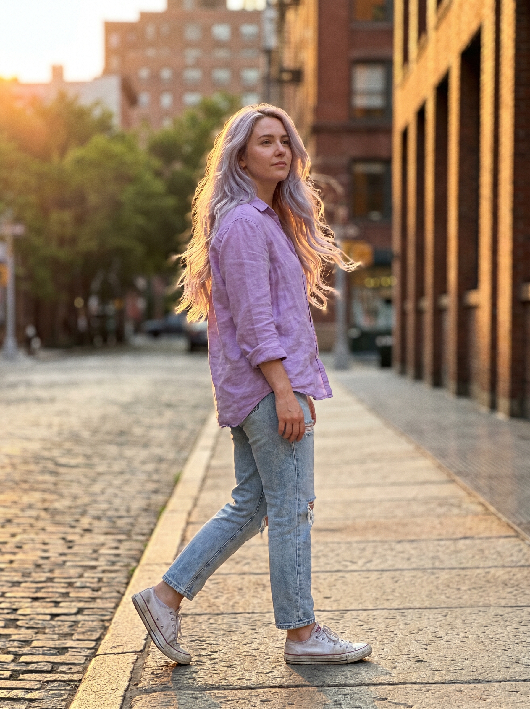 A beautiful model showcasing a DIY-friendly silver-lilac glaze as a soft summer hair color 2026. The hair is lightened, with an ethereal charm, perfect for everyday or special occasions. Features cool pearl and silver tones.