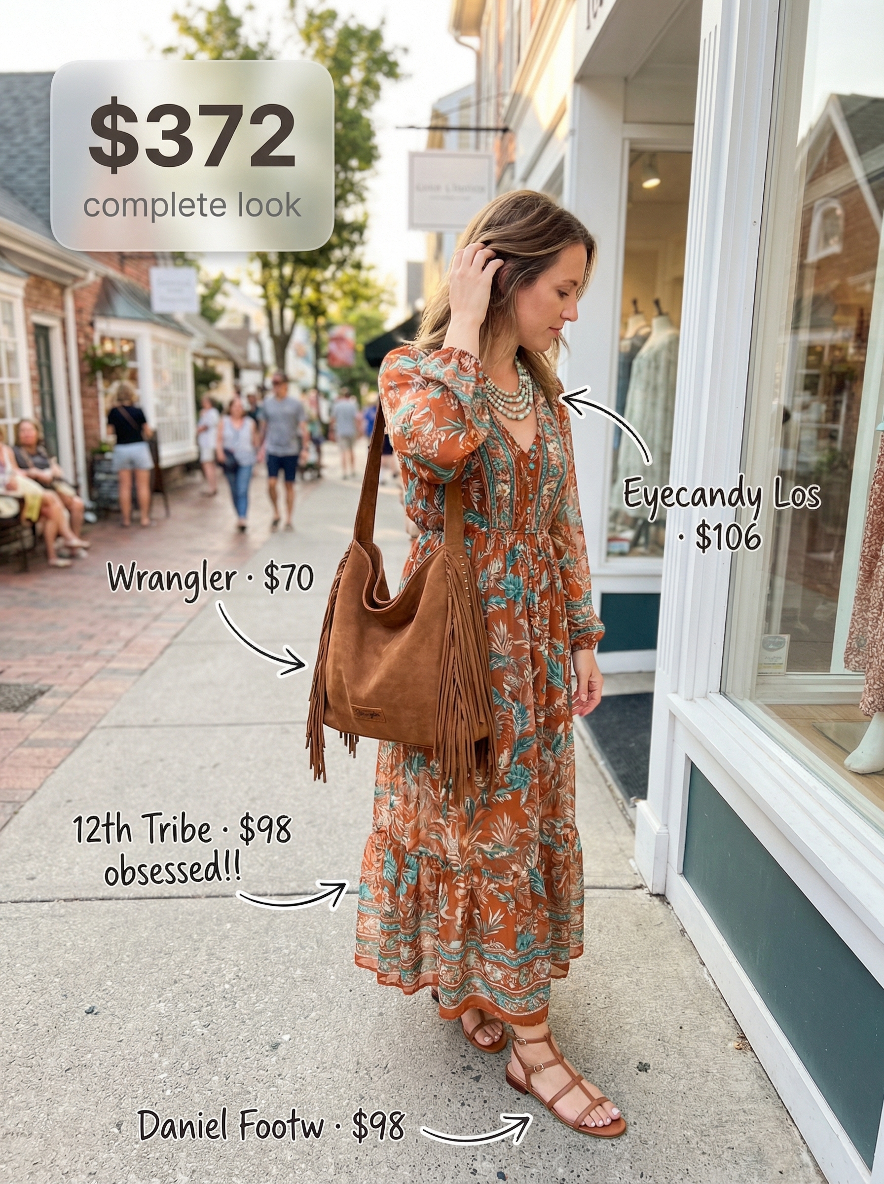 Carefree spring summer boho outfit: rust floral maxi dress, leather gladiator sandals, fringe crossbody, and layered necklaces.