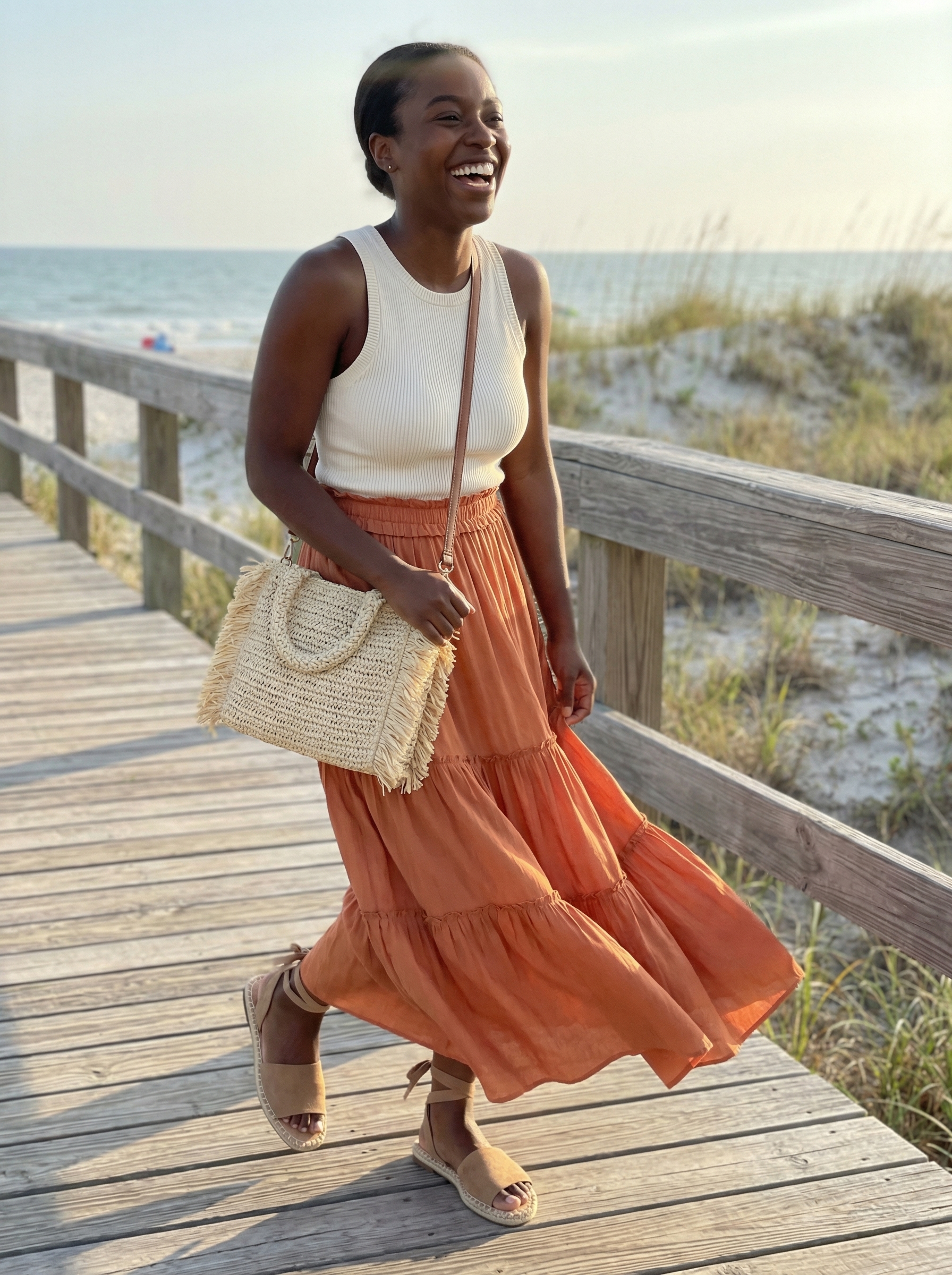 Bohemian festival flow spring summer outfit featuring a terracotta maxi skirt, cream tank top, and espadrille sandals for a relaxed feel.