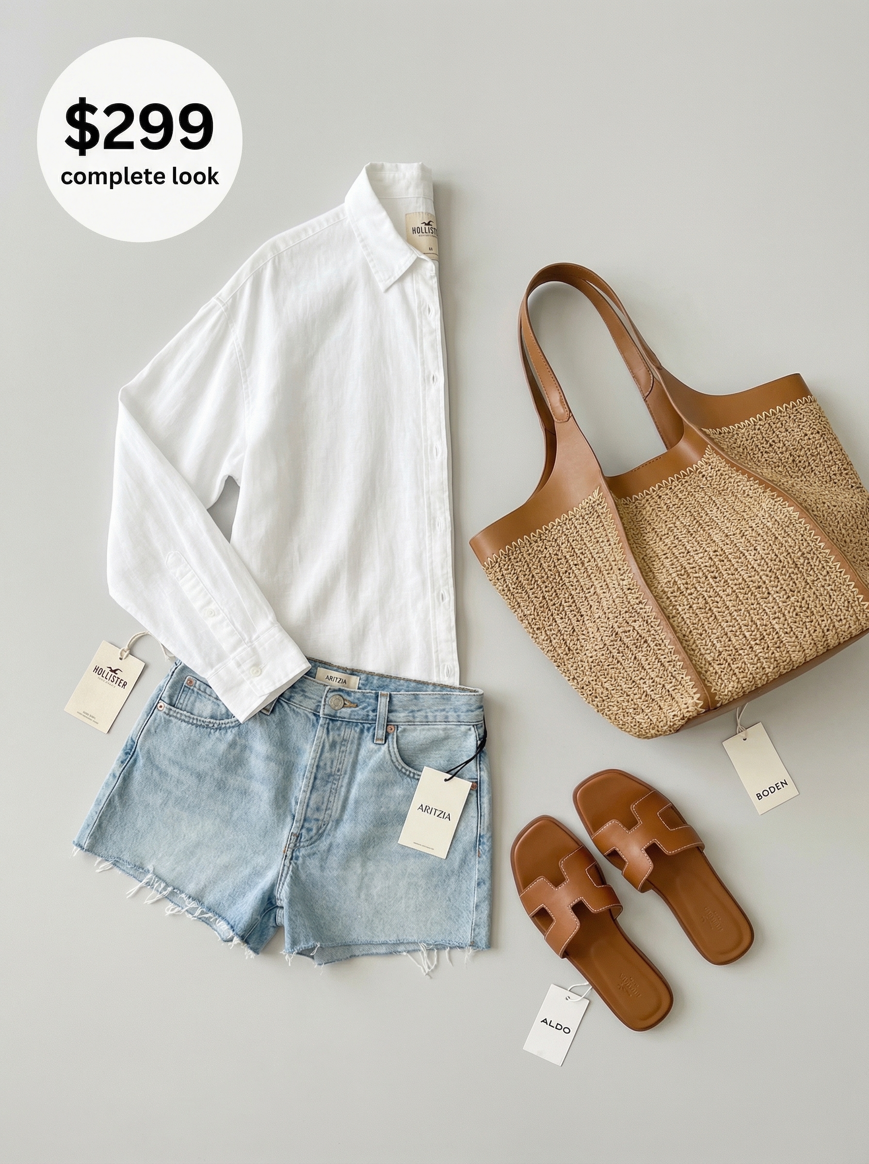 Effortless spring summer outfit: oversized white linen shirt, denim shorts, tan slide sandals, and a straw tote for brunch.