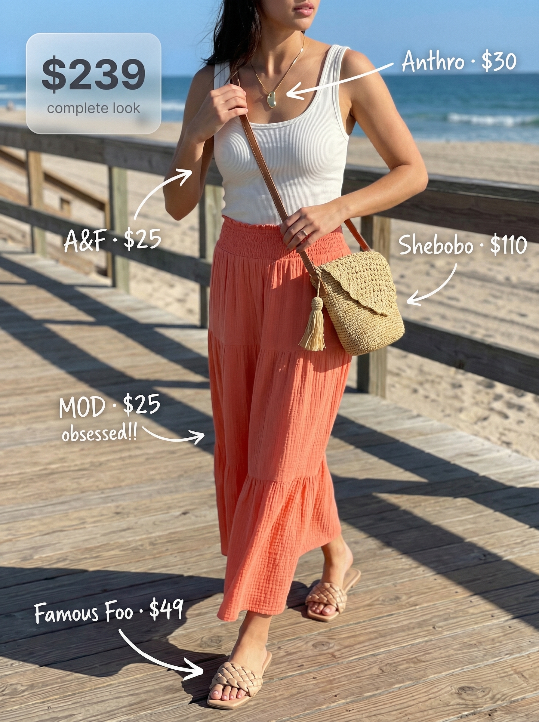 Coastal spring summer outfits with a vibrant coral tiered maxi skirt, ivory ribbed tank top, natural braided sandals, and a straw crossbody bag, ideal for summer brunch.