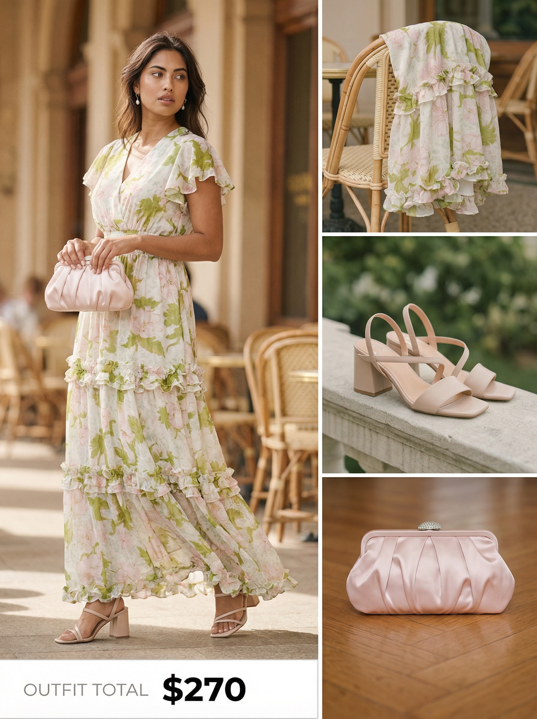 Romantic spring summer outfits featuring a flowing soft green floral print maxi dress, cream block heel sandals, a blush pink clutch, and delicate pearl drop earrings for a garden party.