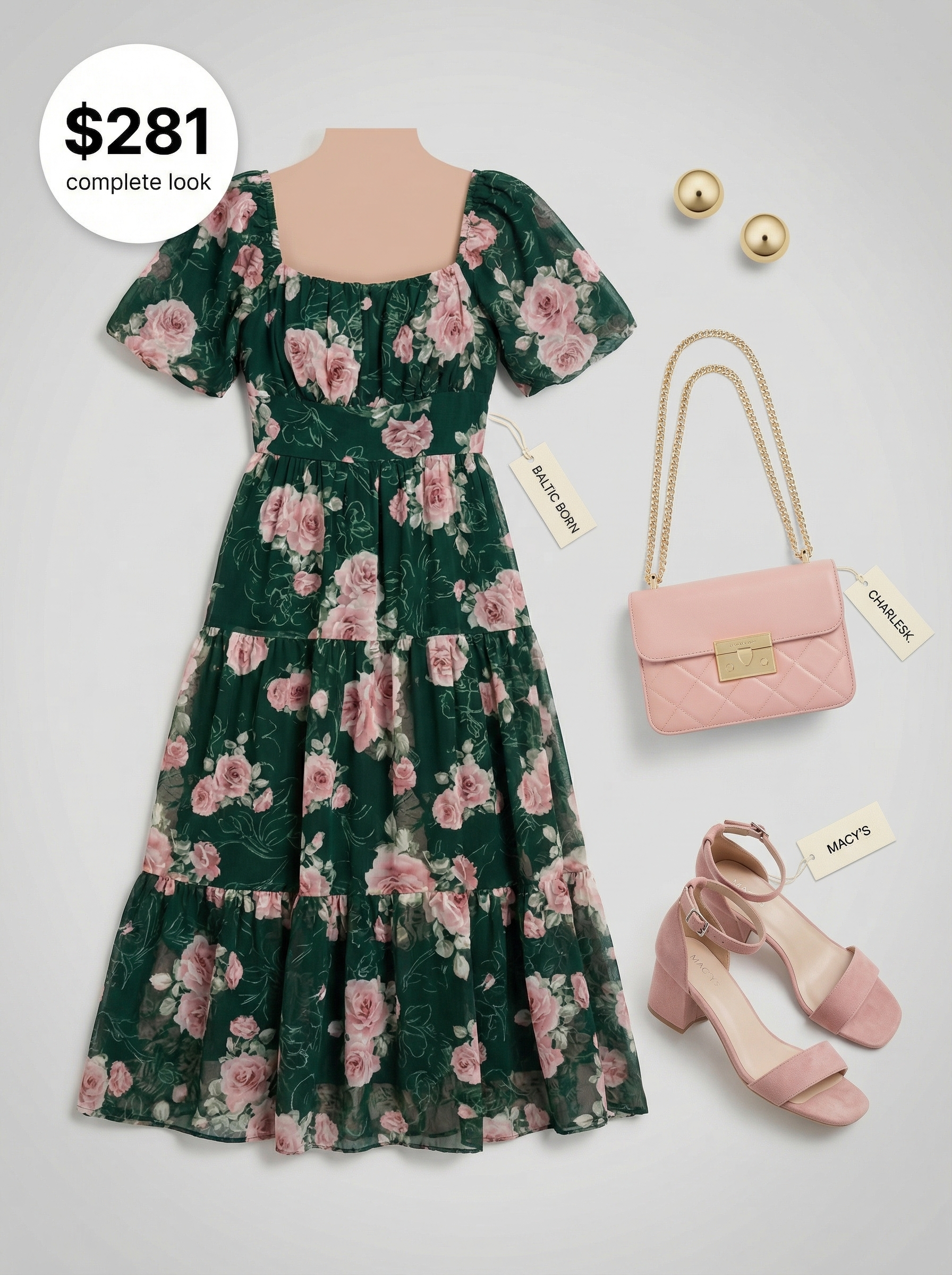 Joyful emerald green floral print midi dress, nude pink block heels, and a quilted bag for spring summer garden party outfits.