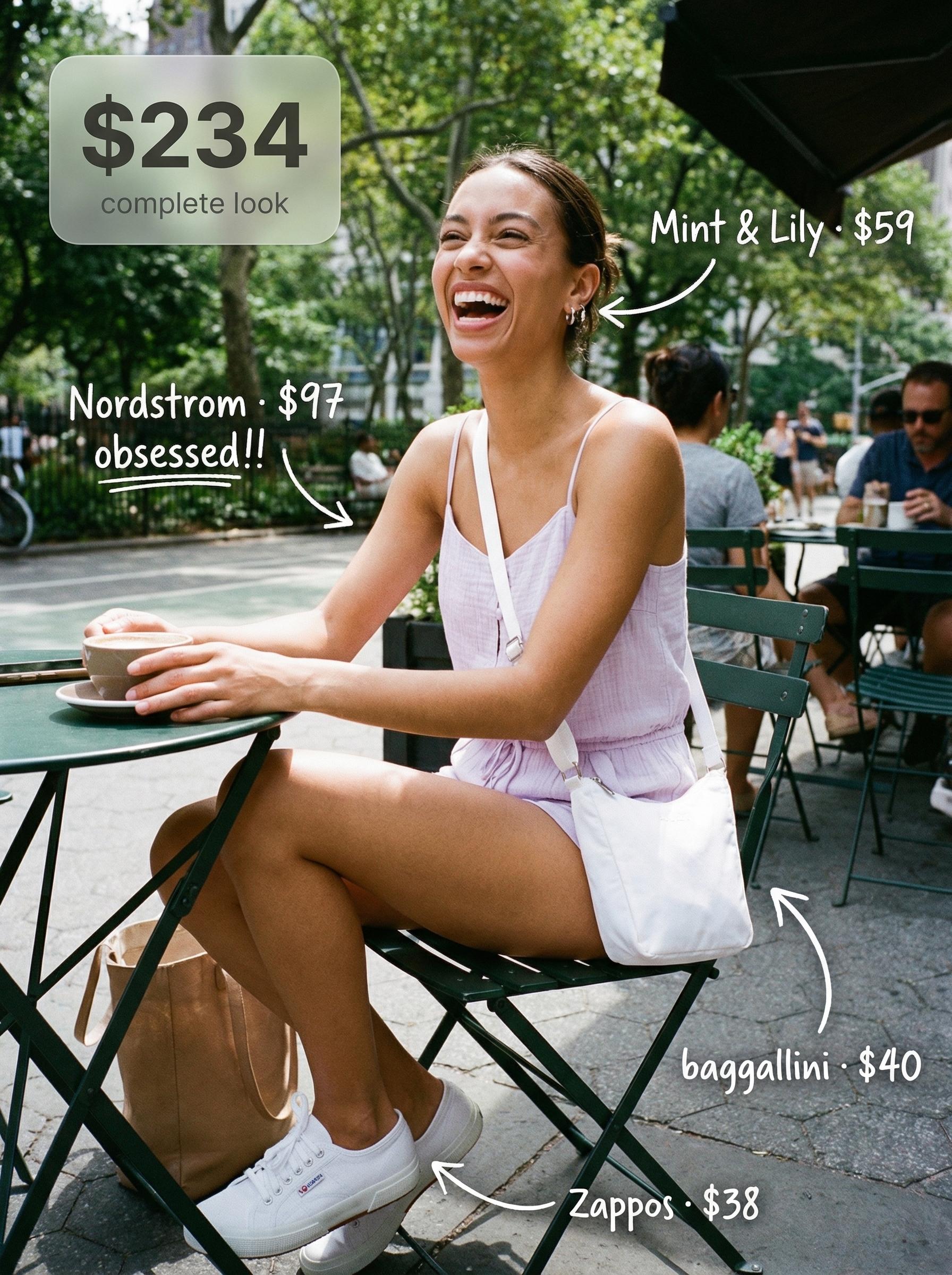 Playful lavender short-sleeve utility romper, white canvas sneakers, and a white mini crossbody bag create a comfortable picnic look for spring summer outfits, accessorized with delicate silver hoops.