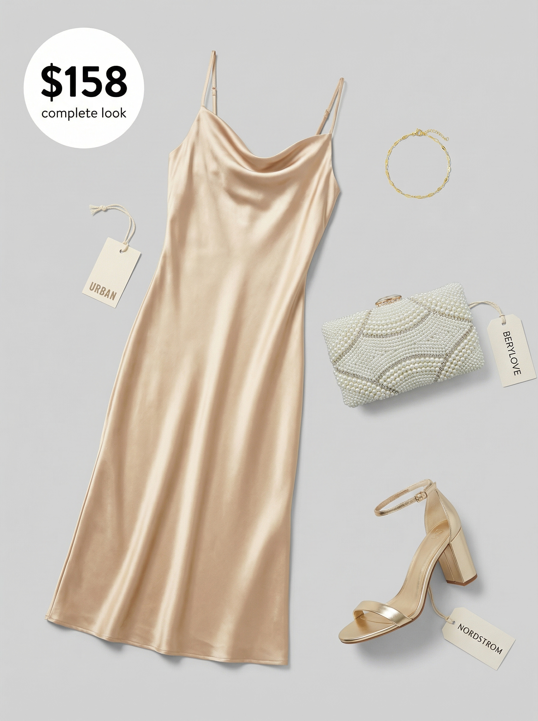 Luxurious champagne silk slip dress, gold strappy heels, and an embellished clutch for a romantic spring summer resort outfit.