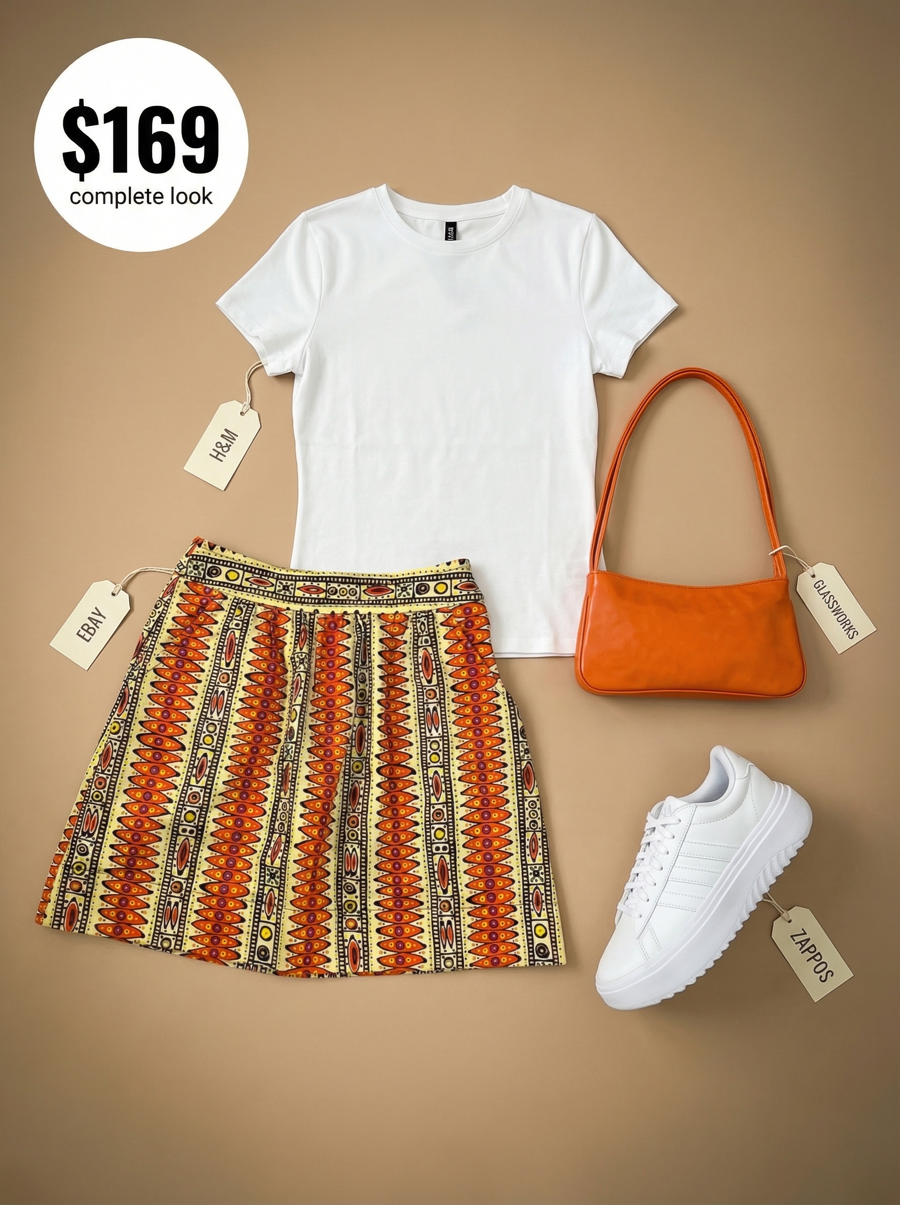 Playful retro spring summer outfits with an orange and yellow geometric print mini skirt, white fitted t-shirt, white platform sneakers, and a bright orange shoulder bag for summer fun.