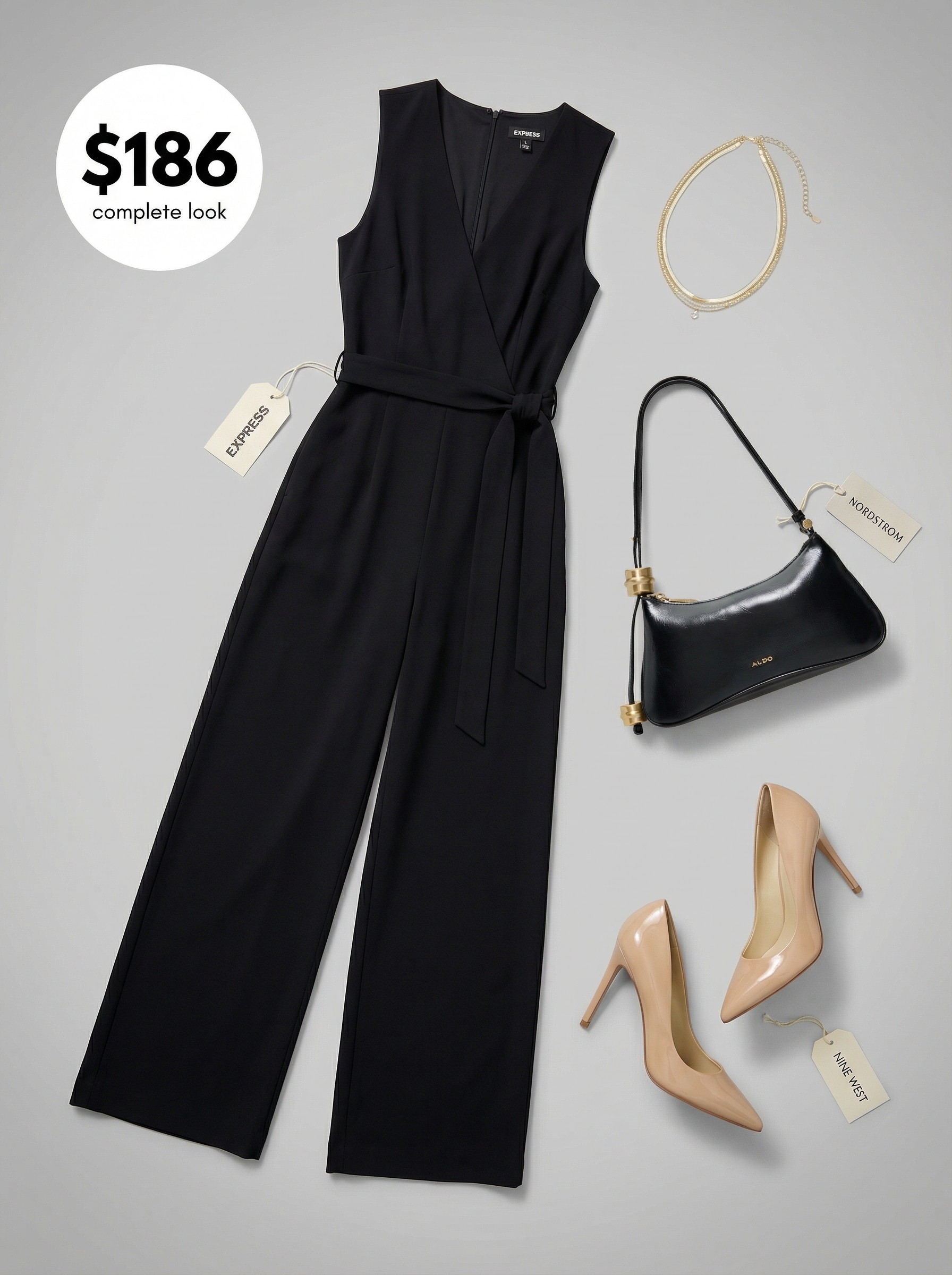 Sophisticated black wide-leg jumpsuit, nude stiletto heels, and gold layered necklaces create a chic spring summer evening outfit.