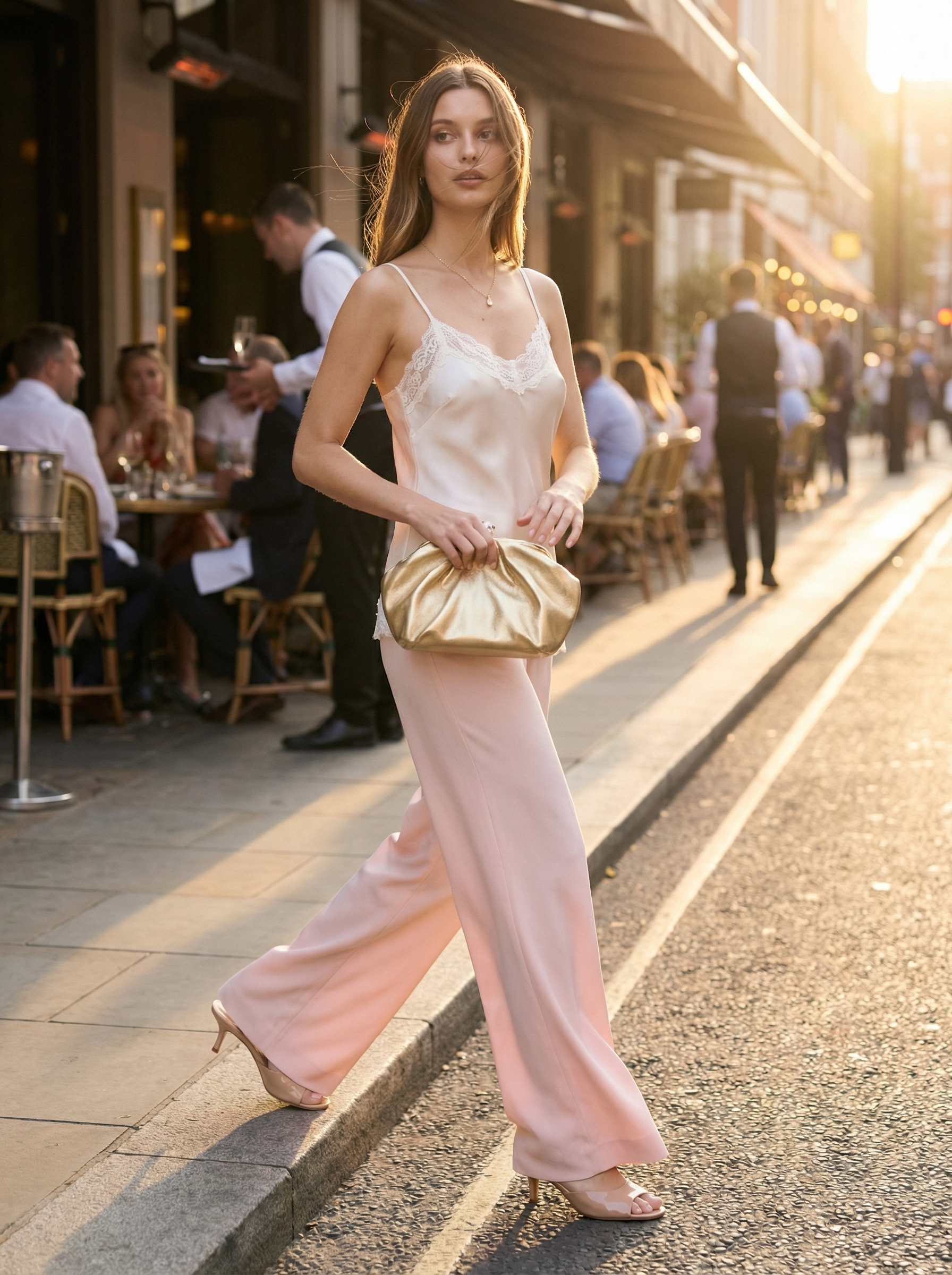 Elegant blush pink wide-leg tailored trousers with a cream silk camisole for sophisticated spring summer outfits, styled with nude heeled mules, a gold clutch, and a delicate gold pendant necklace for evening.