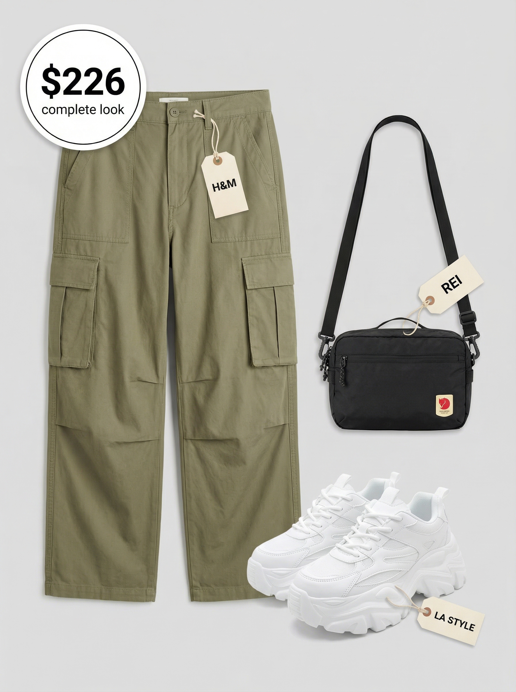 Edgy khaki cargo pants and a black crop top paired with chunky white platform sneakers for a bold spring summer outfit. Perfect for casual day outs or festivals.