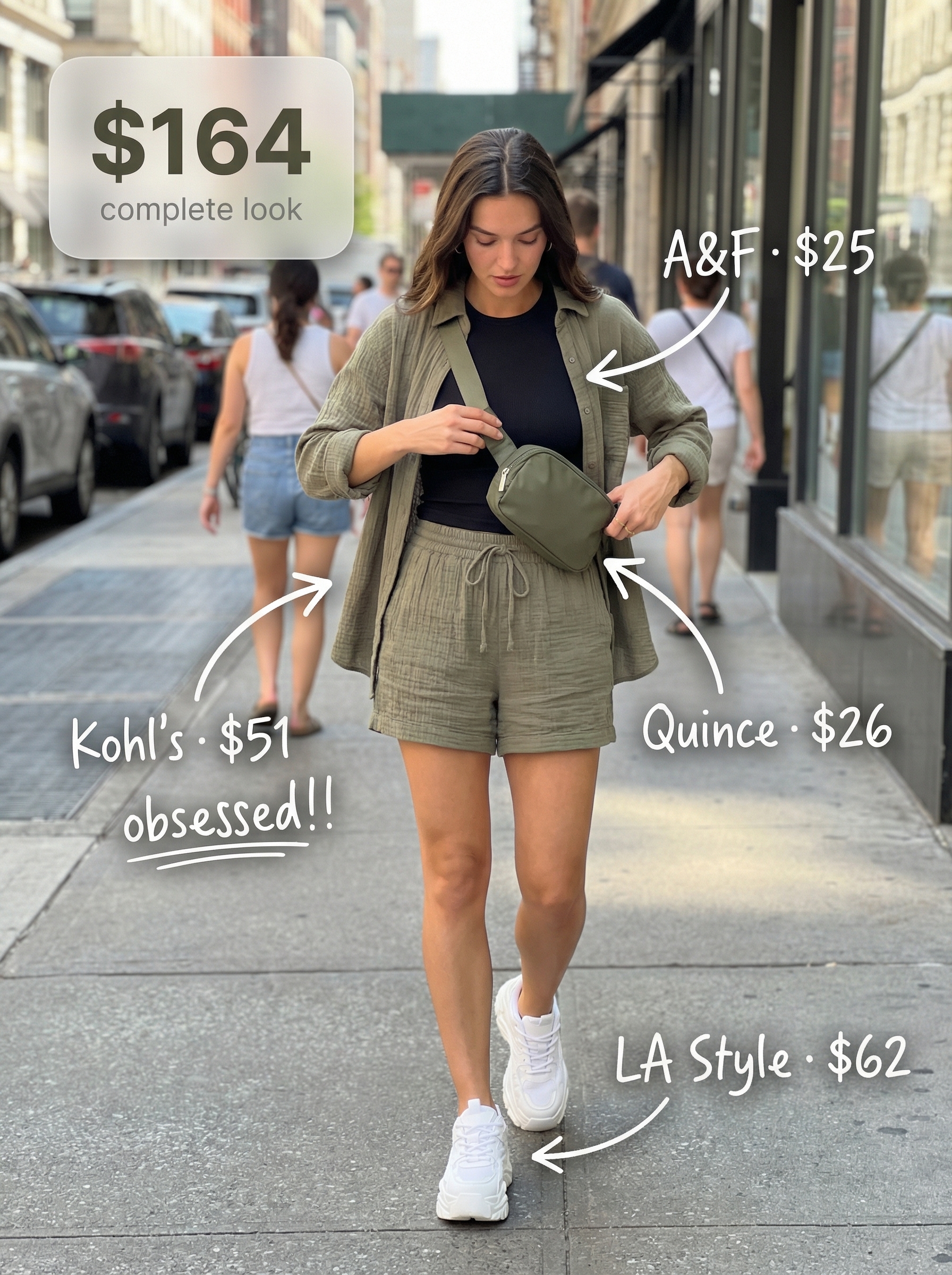 Cool casual spring summer outfits with a khaki green utility matching set of oversized shirt and shorts, a black ribbed tank, white chunky sneakers, and a black belt bag for street style.