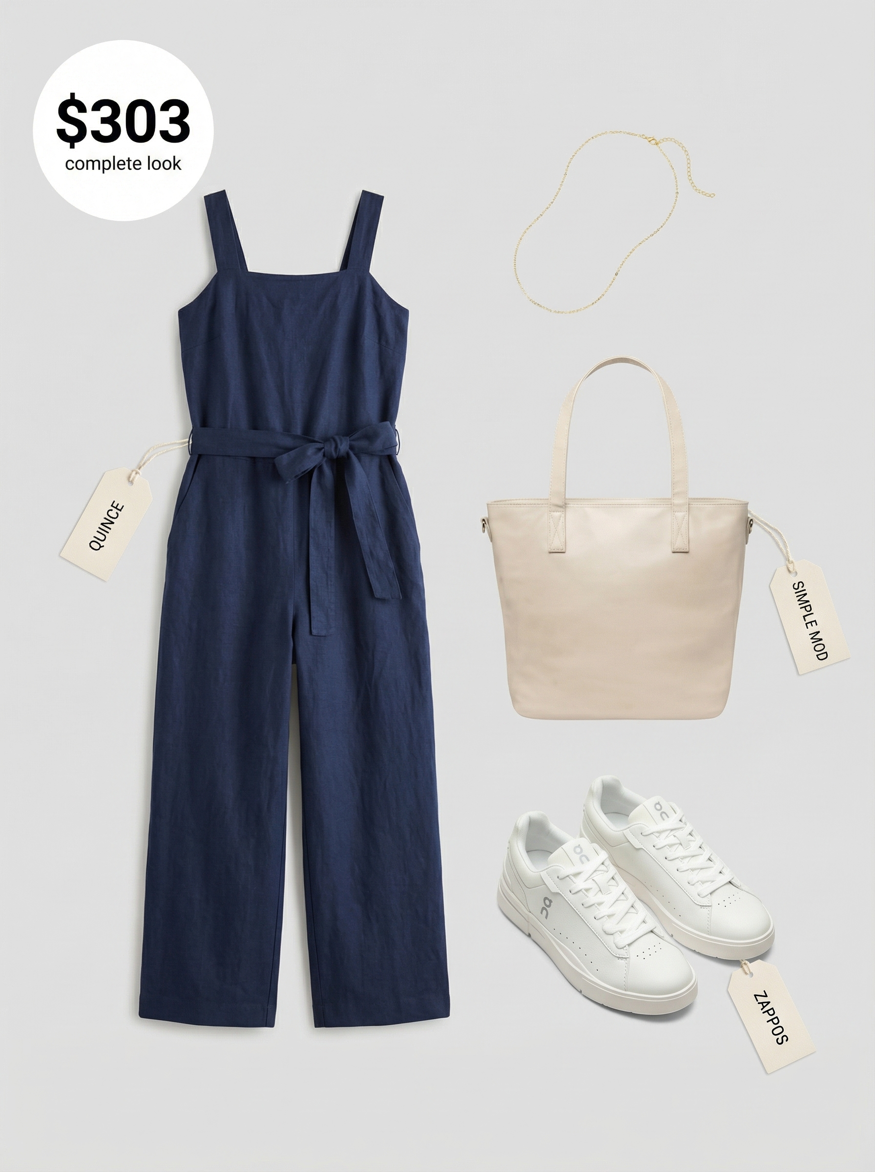 Sophisticated navy wide-leg linen blend jumpsuit with white sneakers, beige tote, and a gold chain necklace for chic spring summer outfits.