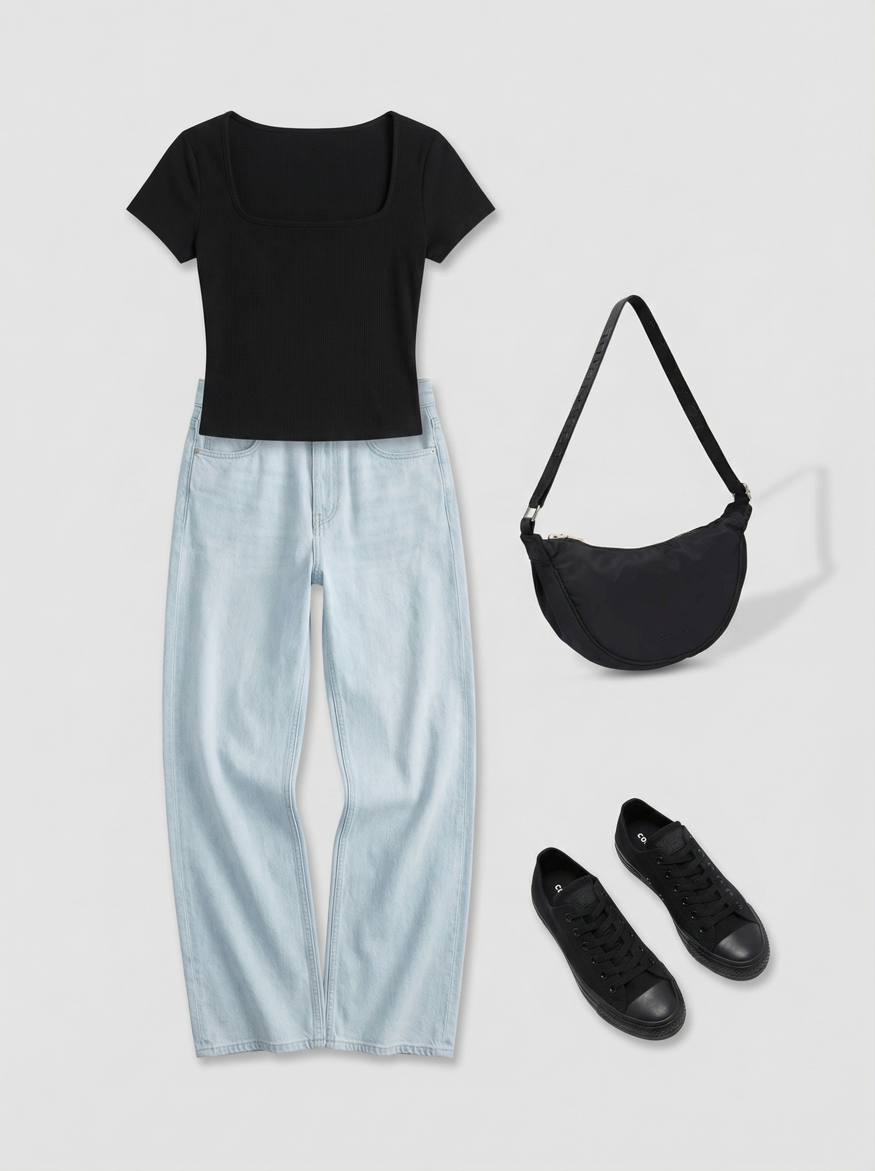 Effortless casual spring summer outfits with light wash high-waisted wide-leg jeans, a black ribbed crop top, black canvas sneakers, and a black nylon crossbody bag for weekend travel.