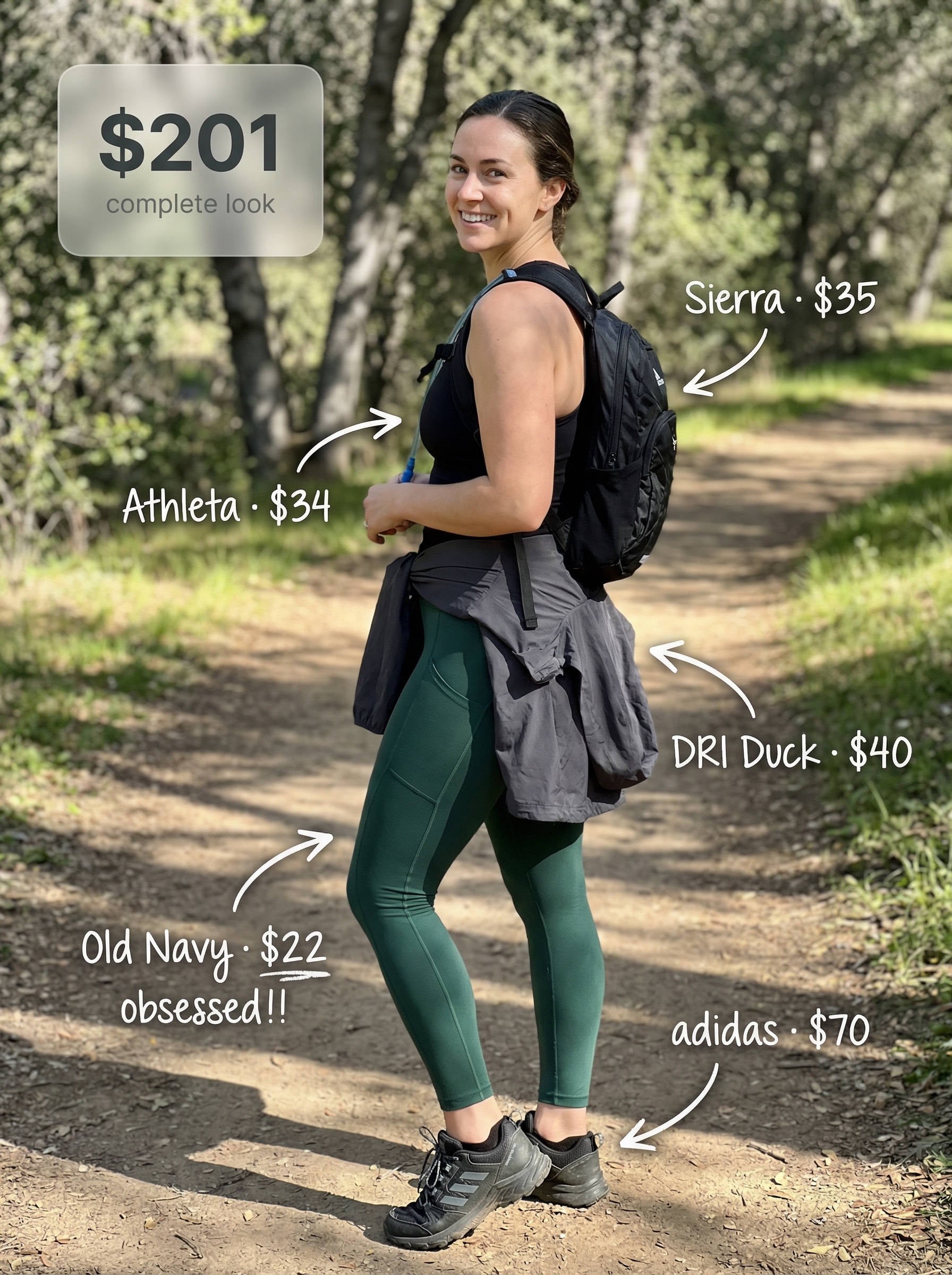 An adventurous summer athleisure outfit 2026 featuring forest green compression leggings, a black racerback tank, and a grey windbreaker, perfect for hiking and outdoor activities.