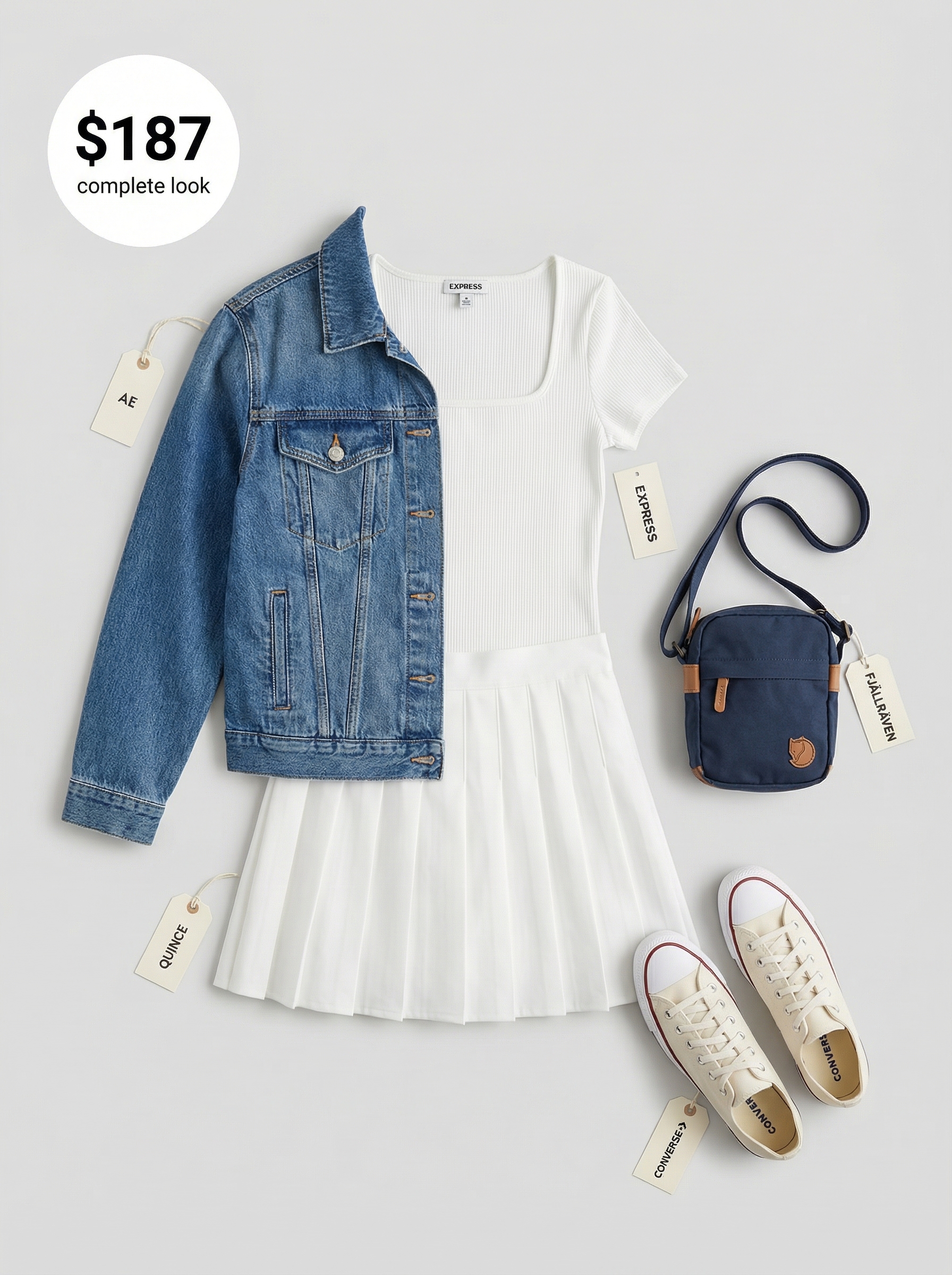 A chic summer athleisure outfit 2026 featuring a navy athletic pleated tennis skirt, white knit top, and denim jacket, perfect for brunch or active days.