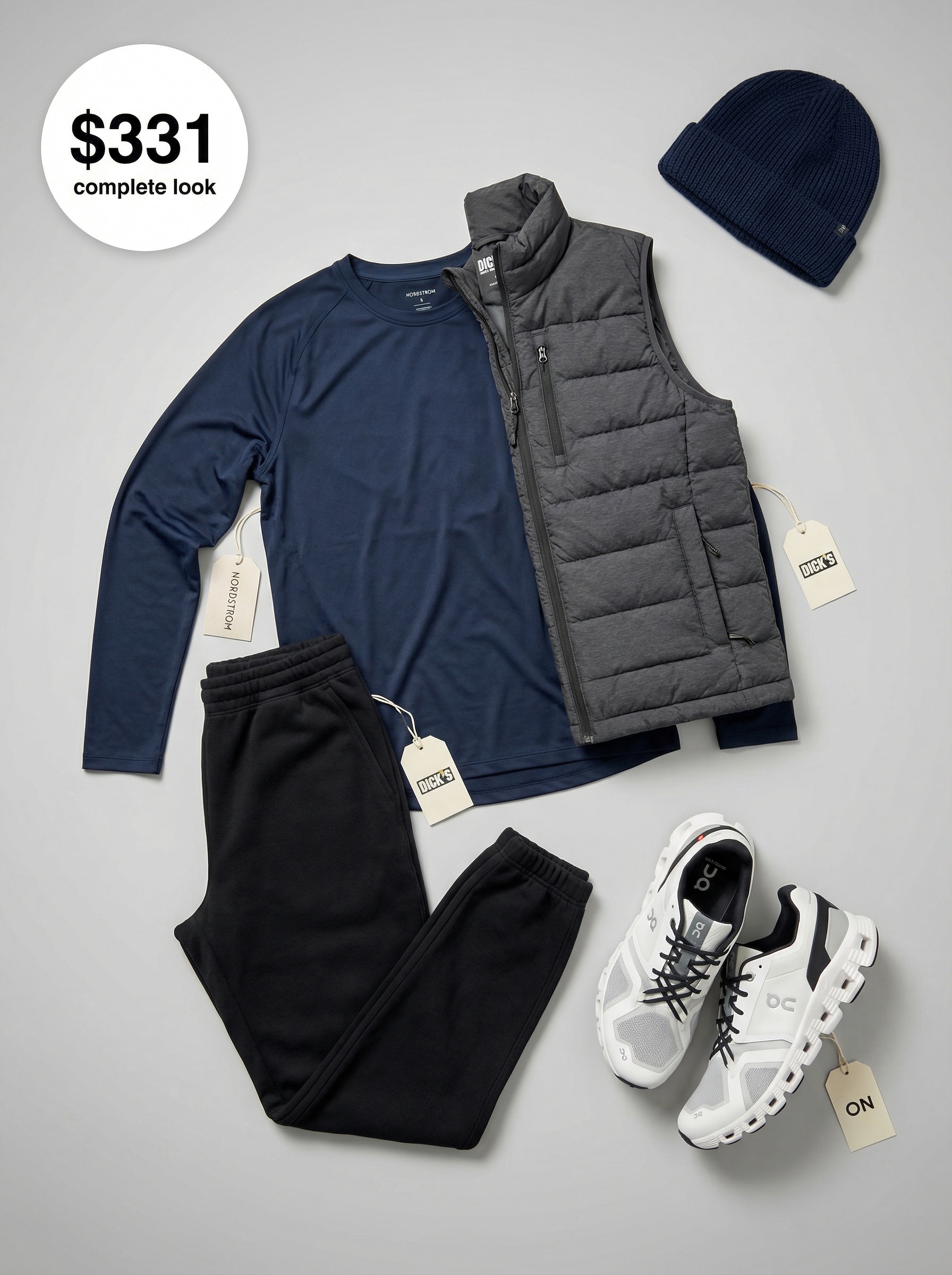 A cozy summer athleisure outfit 2026 for morning runs featuring a black puffer vest, navy joggers, and a white long-sleeve tee, ideal for outdoor activities.