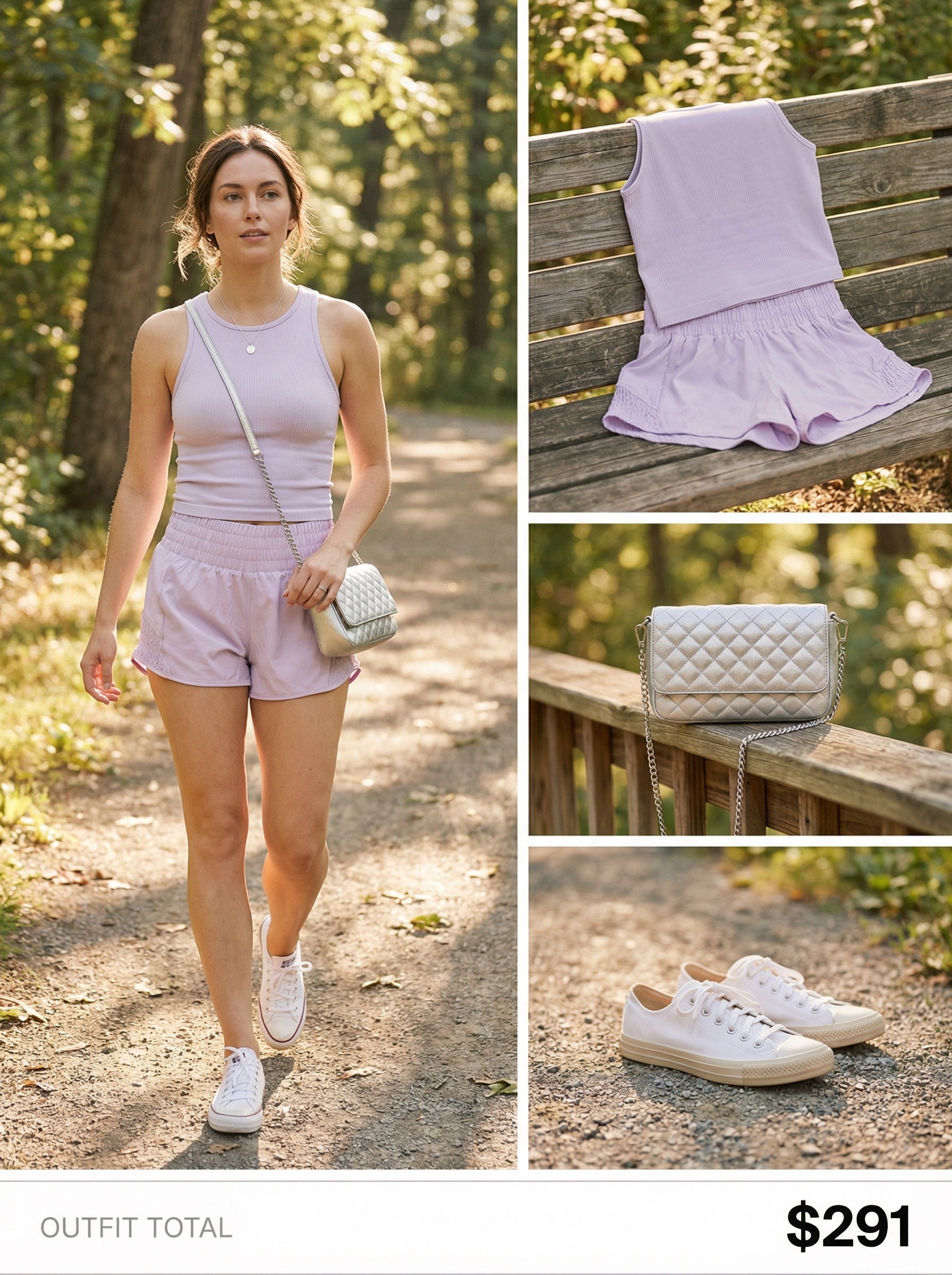 Playful pastel lavender ribbed crop tank and shorts set with white tennis sneakers and a quilted crossbody bag, a fresh summer athleisure outfit 2026.