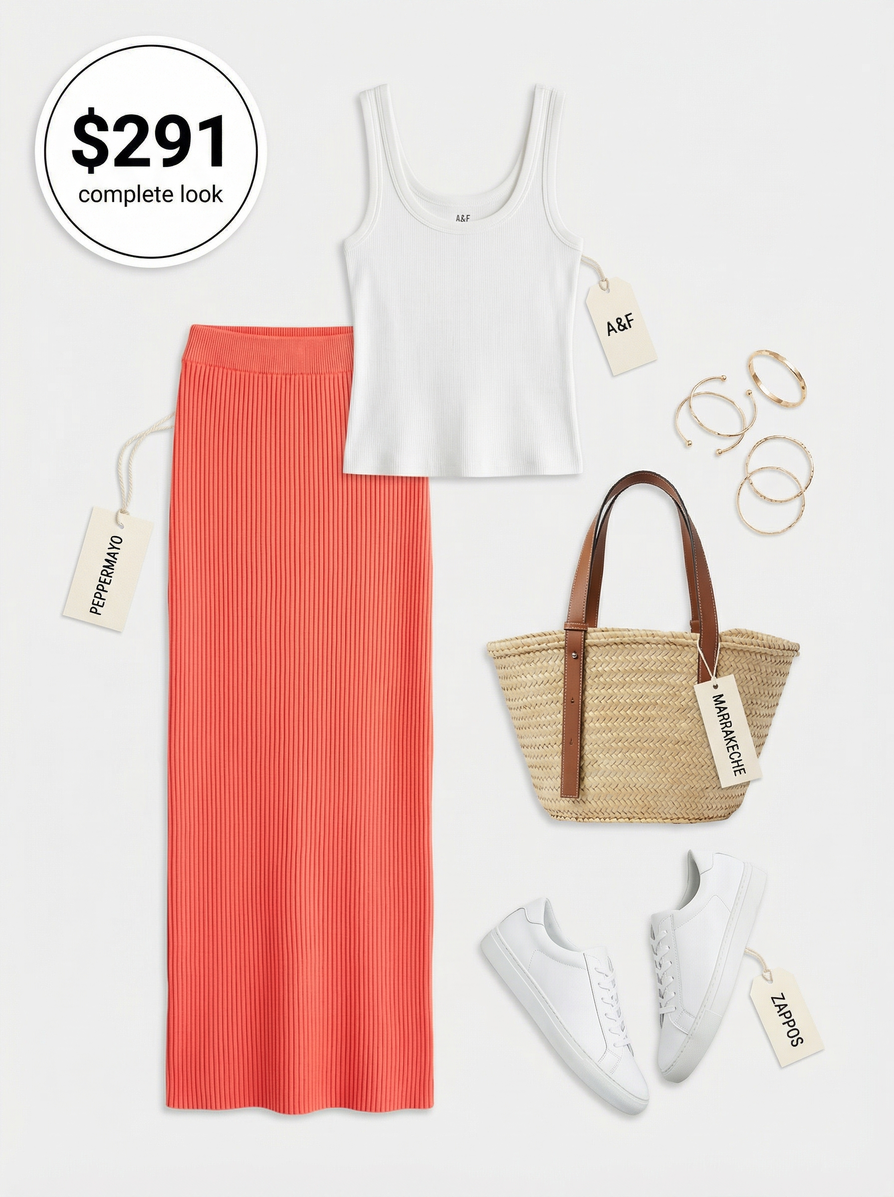 An elegant resort-ready summer athleisure outfit 2026 including a coral maxi skirt, white ribbed tank, and gold sandals, perfect for poolside lounging.