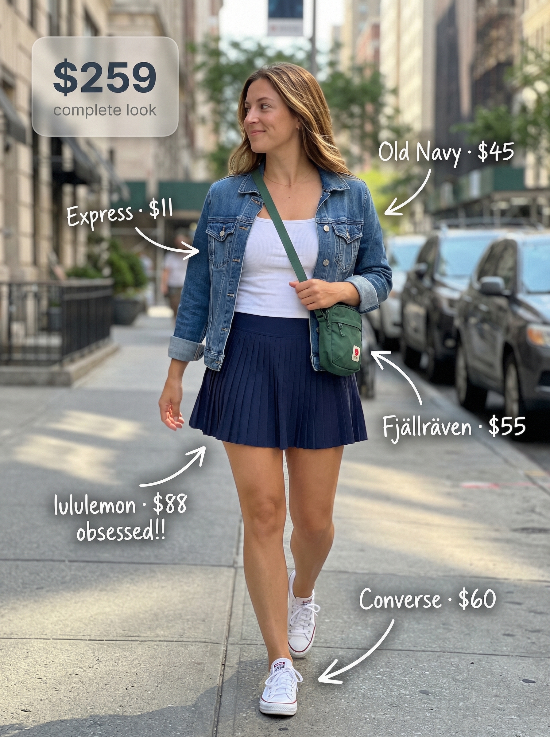 Chic sporty skirt athleisure outfit featuring a navy pleated tennis skirt, white knit top, denim jacket, and white canvas sneakers, ideal for summer 2026.