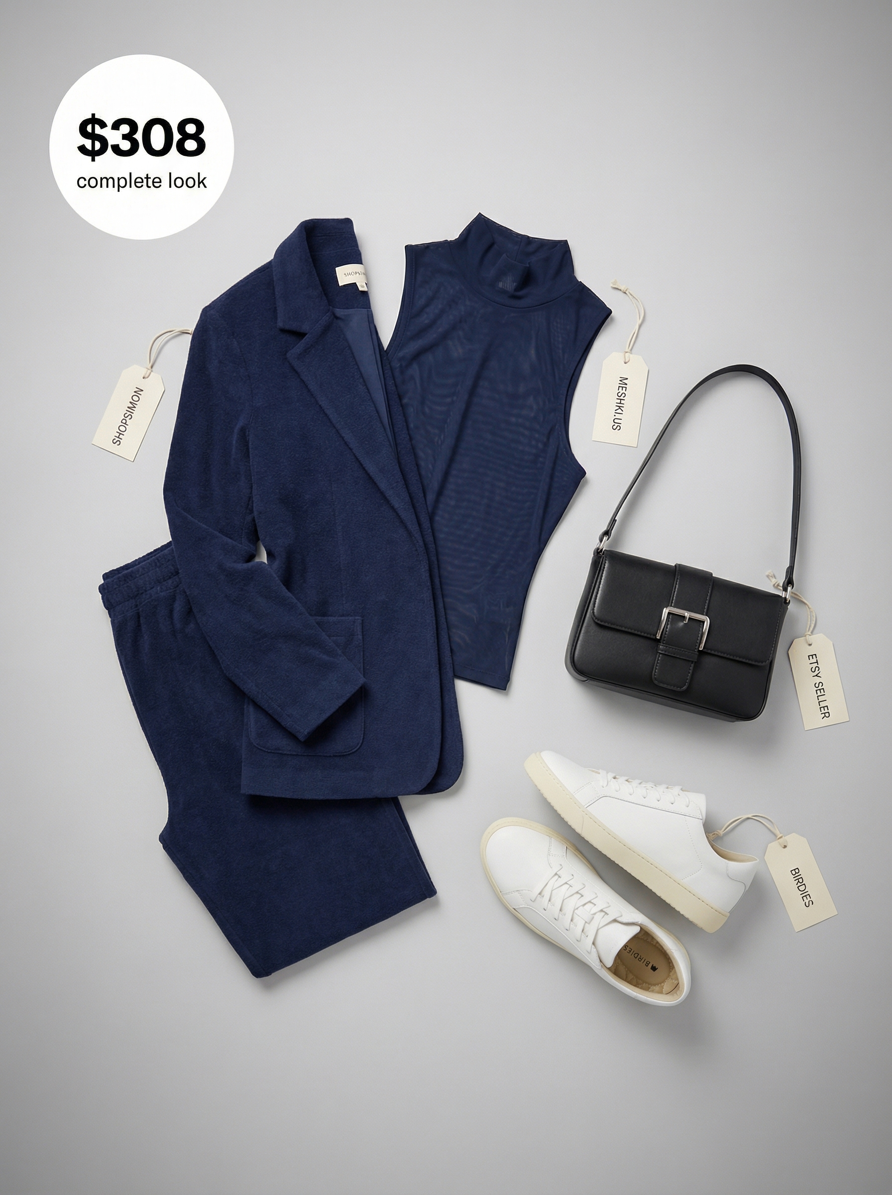 Polished navy blue knit blazer and wide-leg trousers set with a white sleeveless top and leather sneakers, creating a sophisticated summer athleisure outfit 2026.