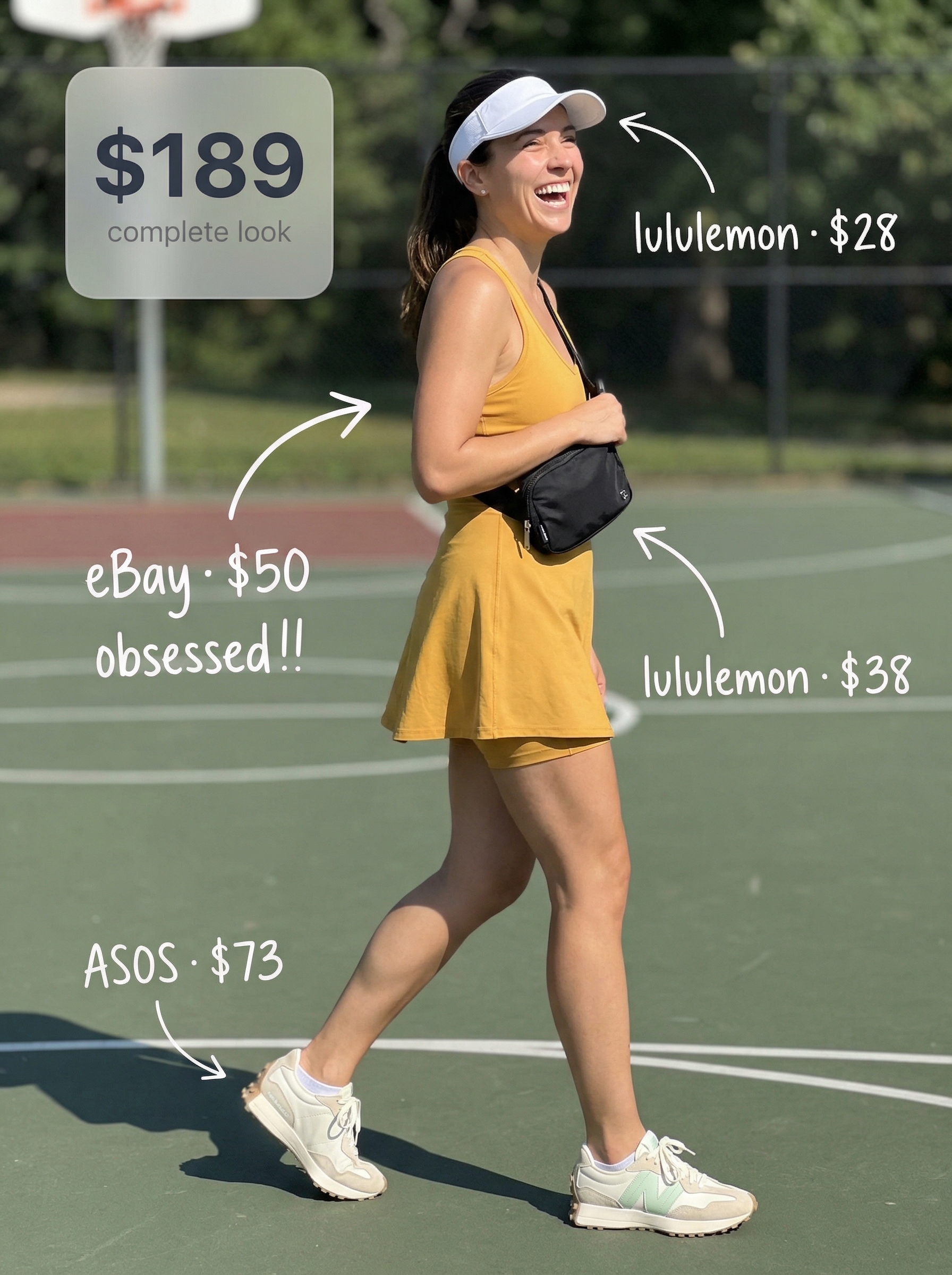An energetic summer athleisure outfit 2026 with a bright yellow tennis dress, white and pastel green sneakers, and a visor, perfect for an active day out.