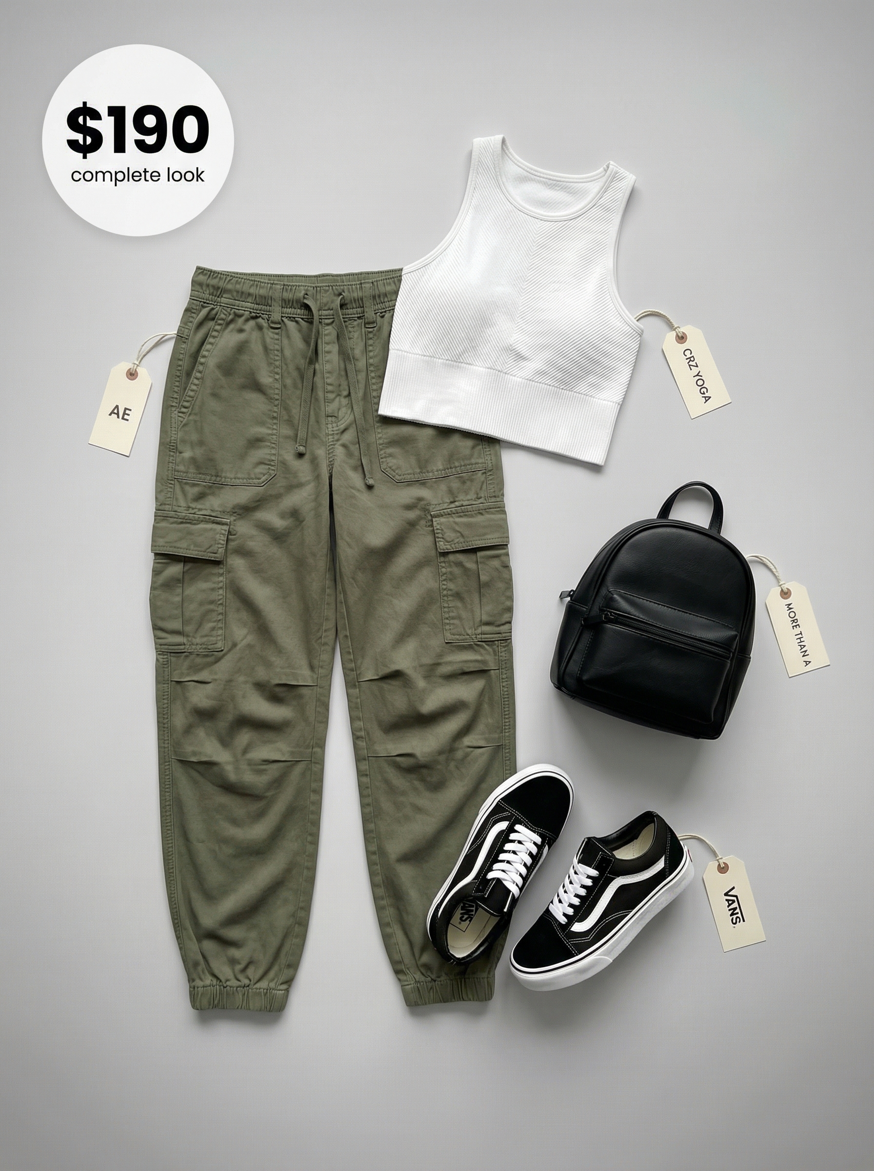 Urban explorer athleisure outfit featuring a white ribbed crop top, khaki cargo joggers, and chunky platform sneakers for stylish summer athleisure outfits 2026.