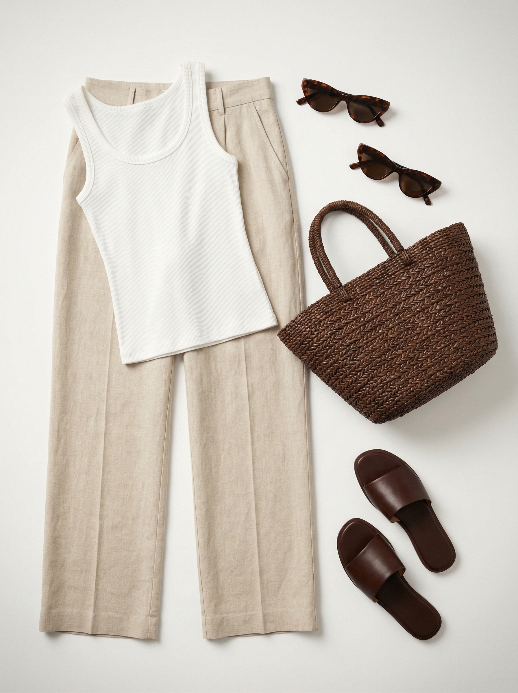 A relaxed beige and white summer athleisure outfit for women, featuring linen wide-leg pants, a white tank top, leather slide sandals, and a straw tote bag for a coastal morning walk.