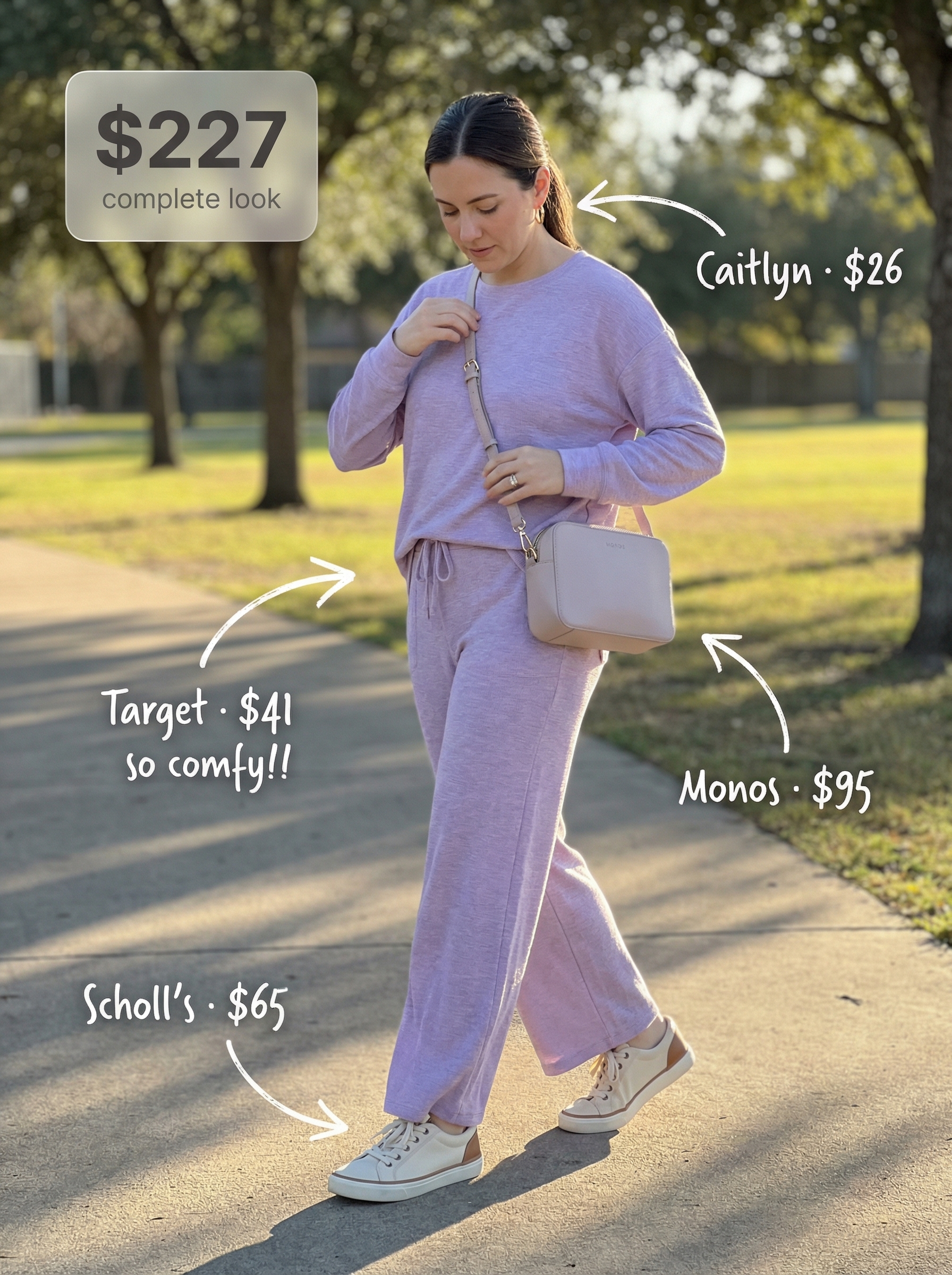 Chic soft lavender elevated lounge athleisure outfit for women, featuring a ribbed knit matching set, white sneakers, and a nude cross-body pouch for casual meet-ups or travel.