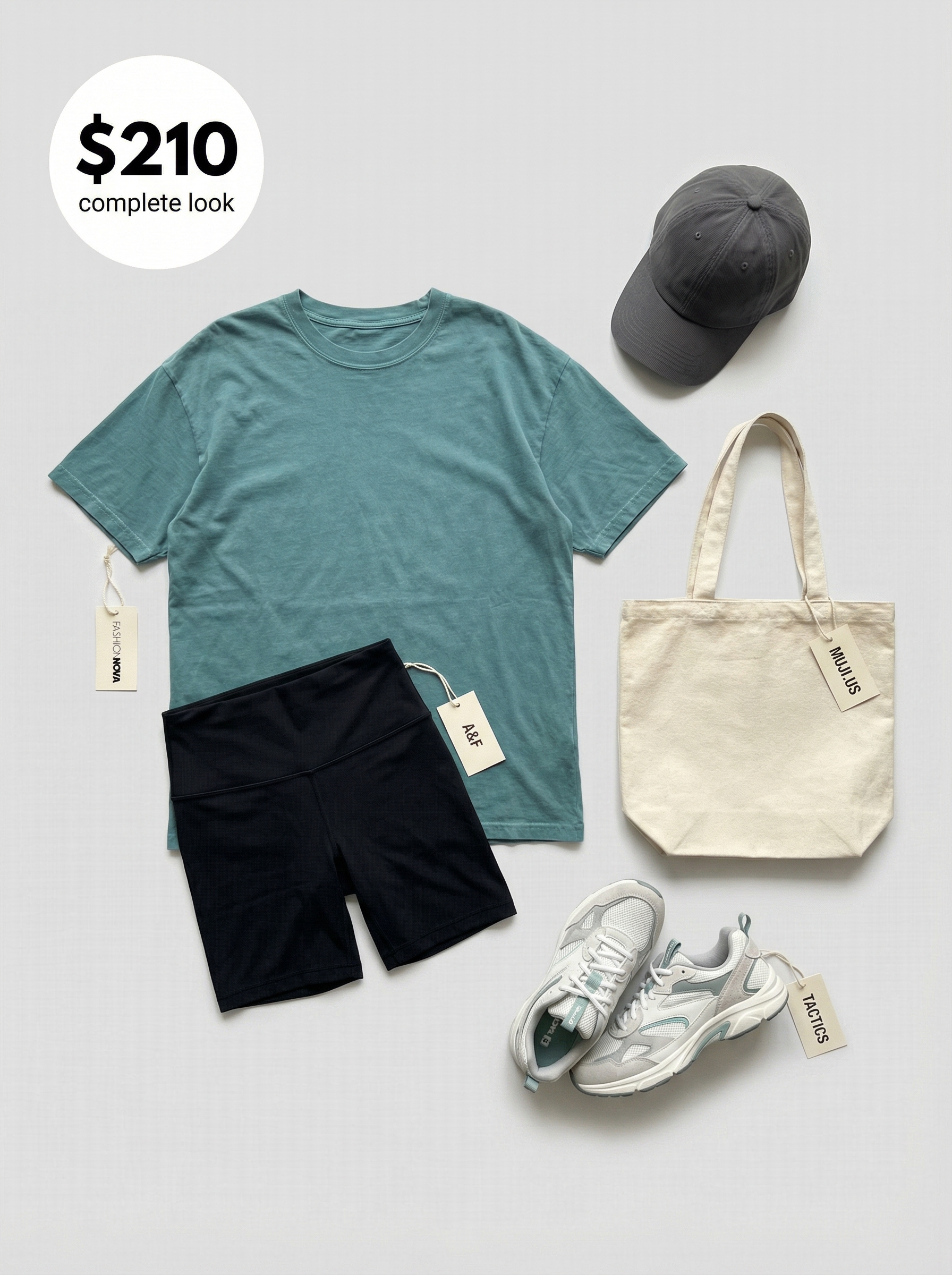 A playful black and teal summer athleisure outfit for women, showcasing high-waisted bike shorts, an oversized graphic tee, chunky 'dad' sneakers, and a canvas tote for a park walk.