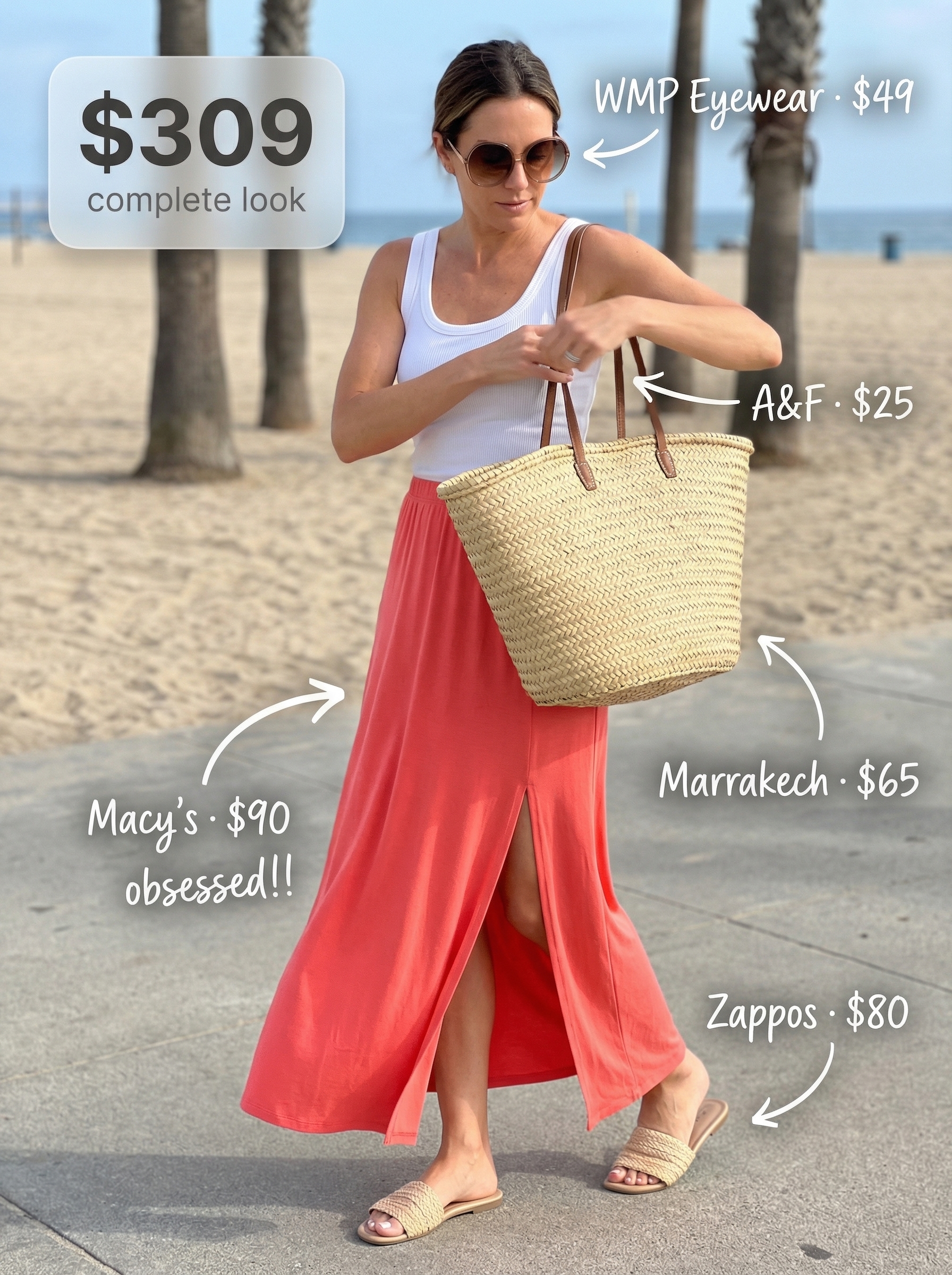 An elegant coral and white resort-ready summer athleisure outfit, featuring a flowing maxi skirt, a fitted tank top, delicate thong sandals, and a woven straw tote for poolside lounging.