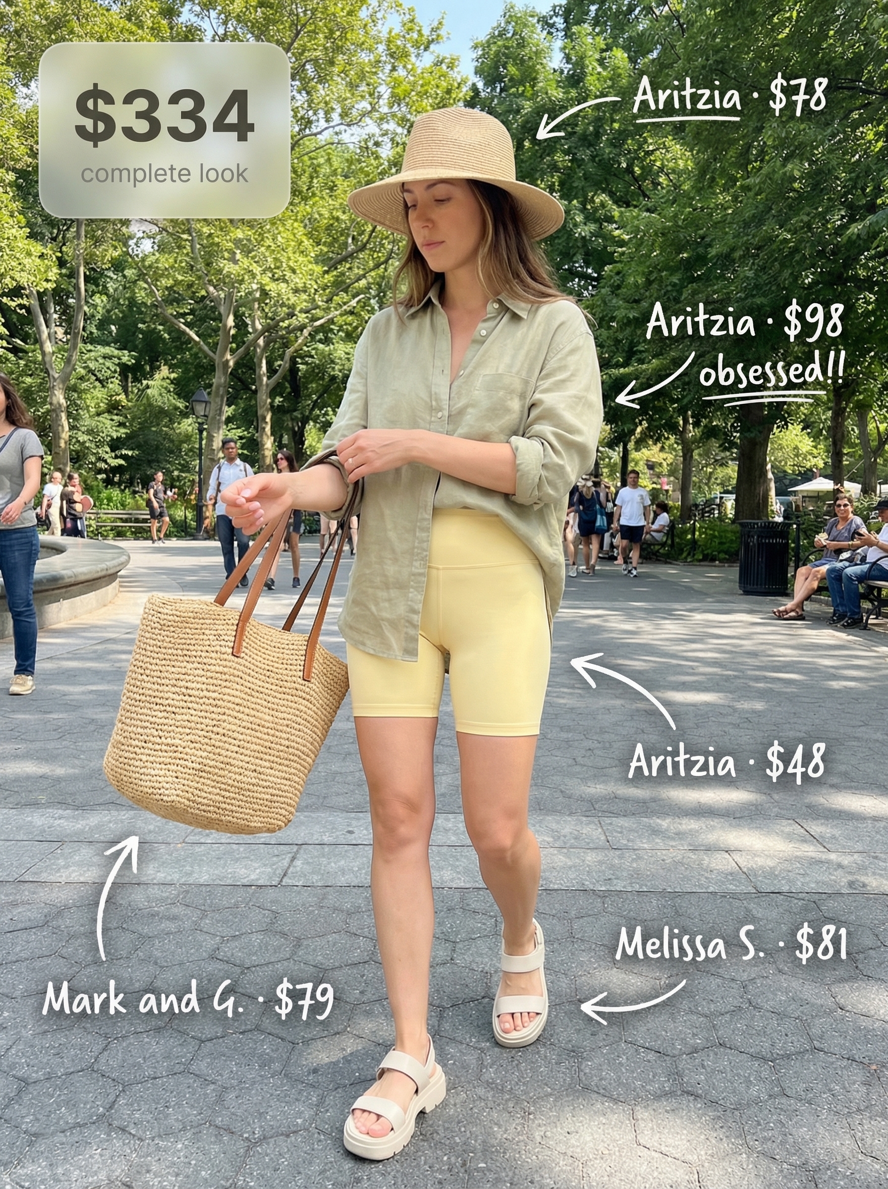 A khaki green and white sporty safari summer athleisure outfit for women, featuring high-rise biker shorts, an oversized linen shirt, chunky athletic sandals, and a straw sun hat.