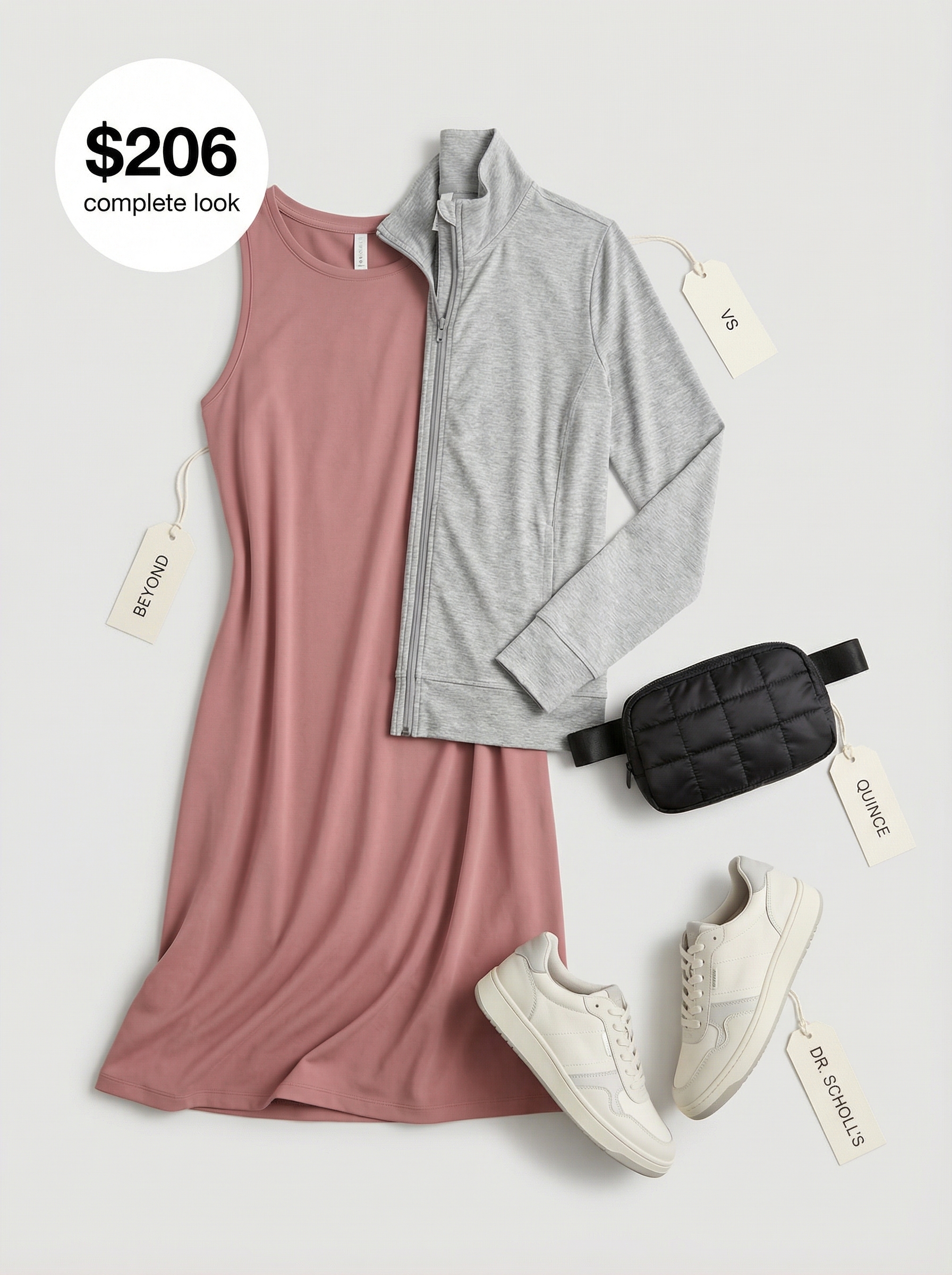 A comfortable dusty rose and heather grey summer athleisure outfit for women, highlighting a sleeveless athletic midi dress, a lightweight track jacket, white sneakers, and a belt bag.