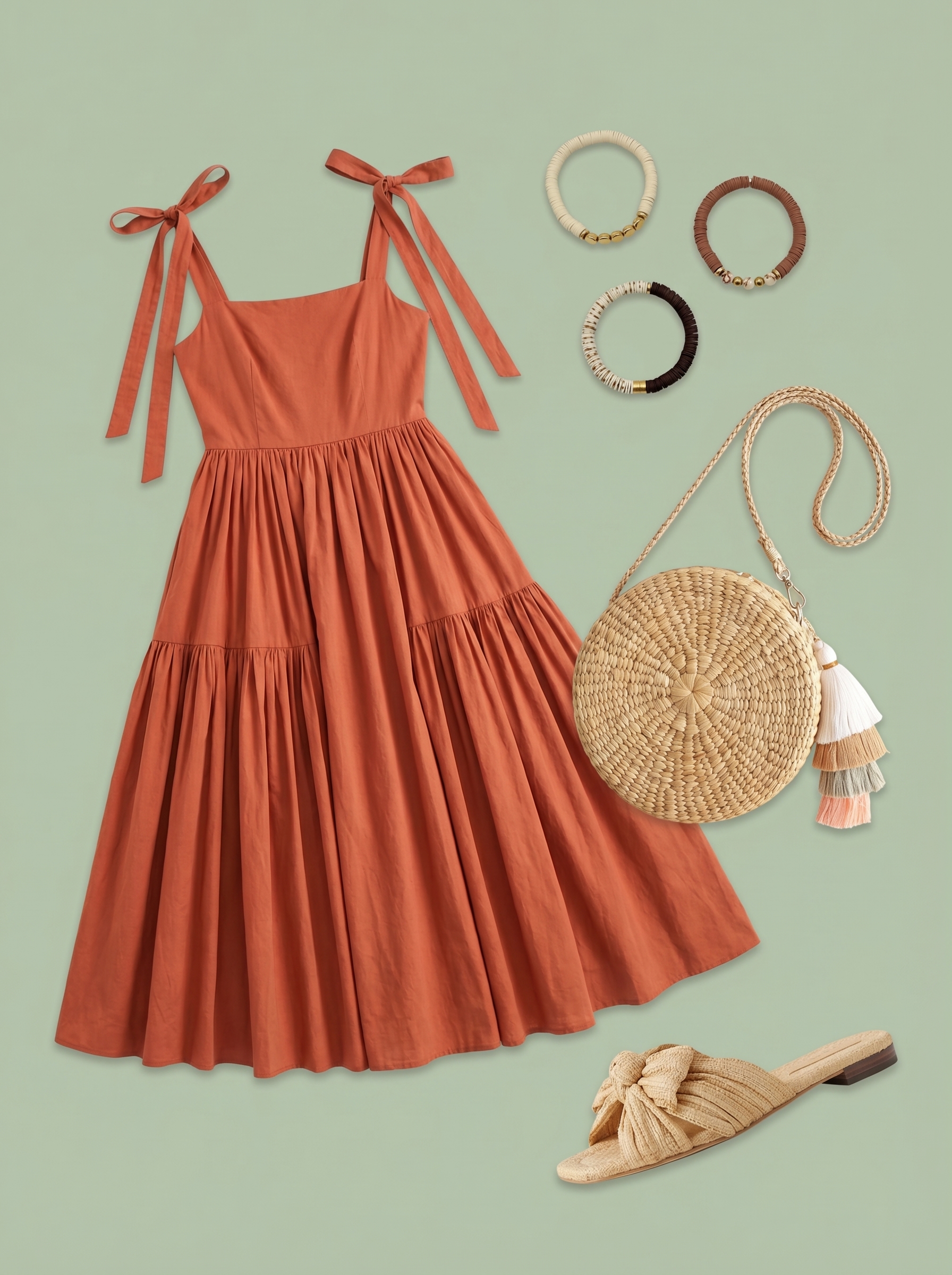 Bohemian summer bar outfit 2026 featuring a terracotta tiered maxi dress, natural raffia sandals, and a round straw crossbody bag. Perfect for a beach bar or casual dinner.