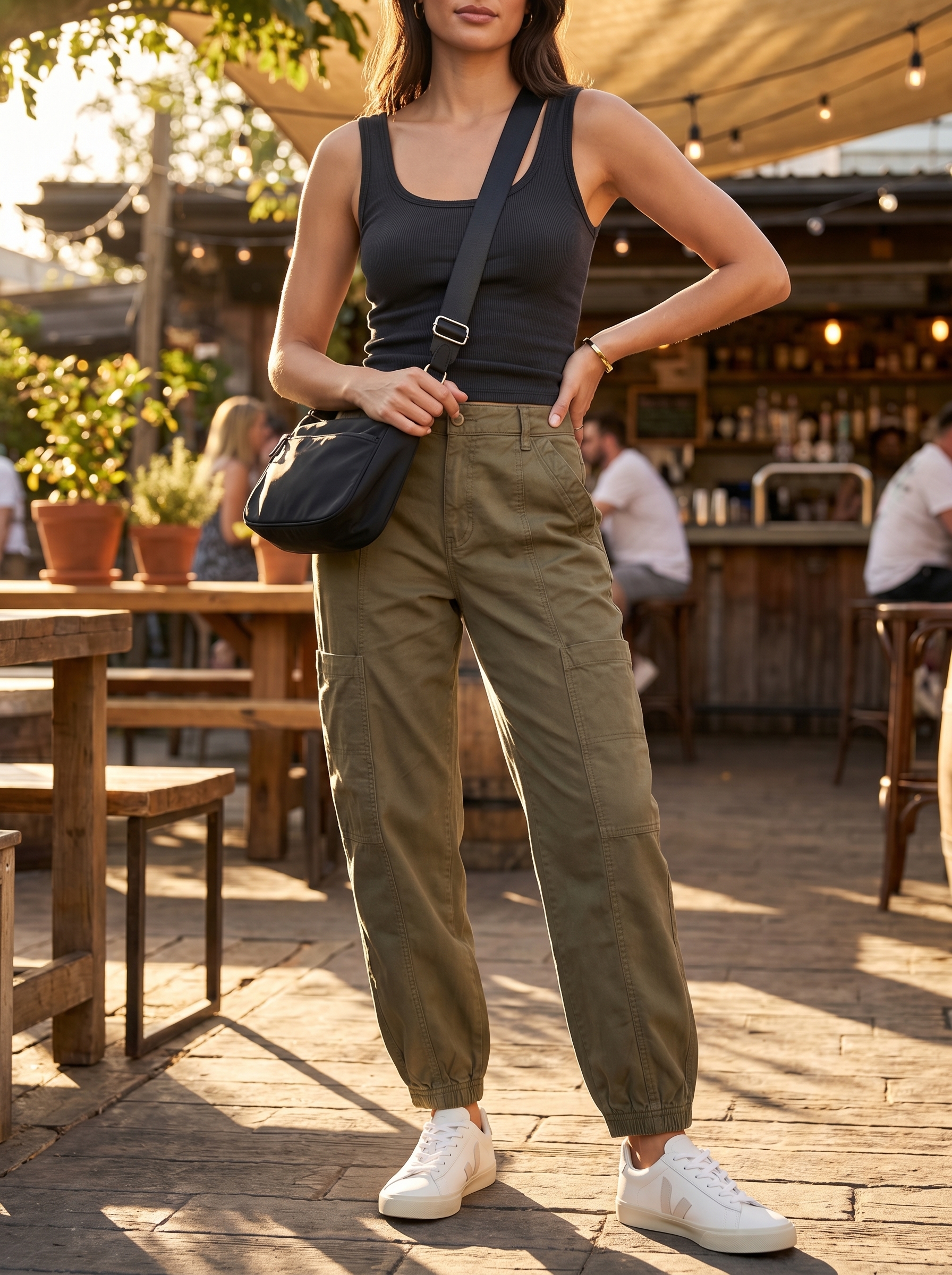 Sporty chic summer bar outfit 2026 featuring olive green cargo pants, a black ribbed tank top, white sneakers, and a baseball cap for a pub crawl.