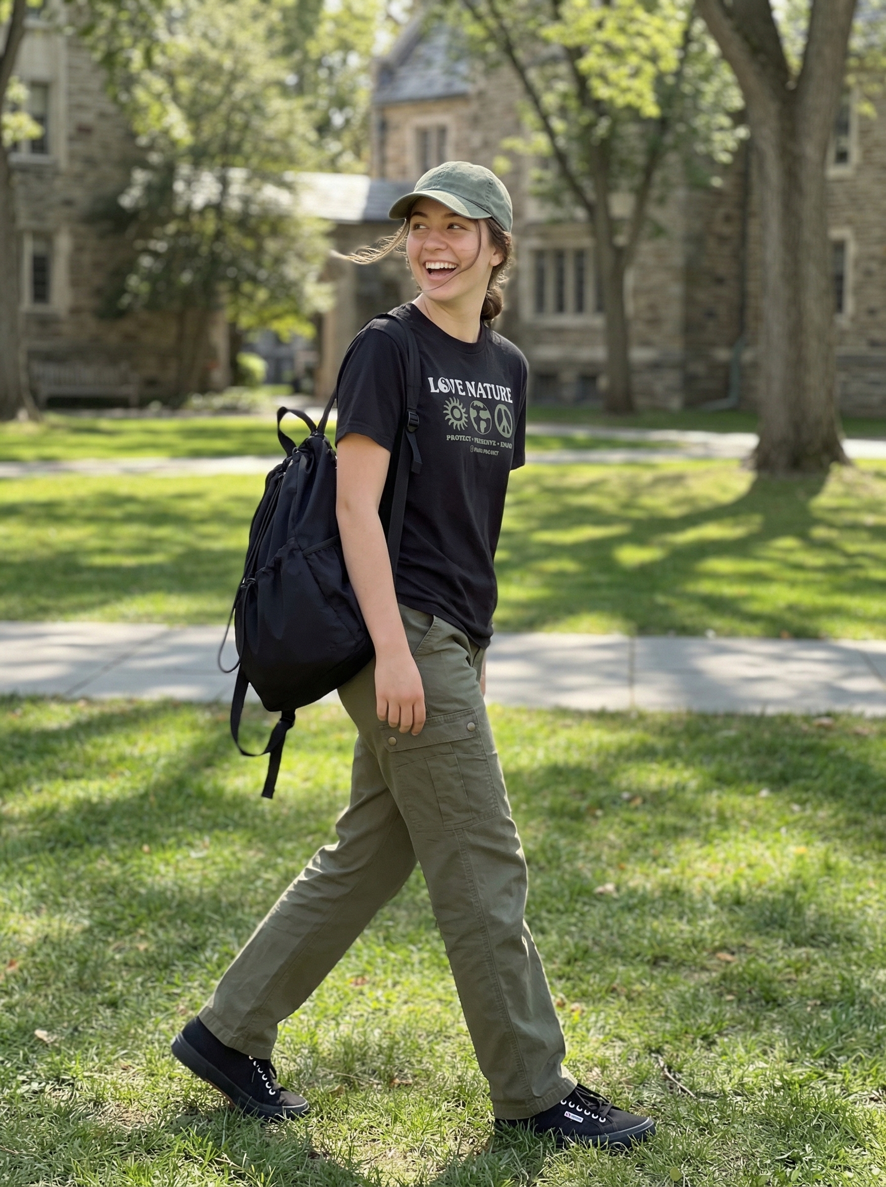 Adventure Ready Summer Camp Outfits 2024 Practical summer camp outfit for outdoor activities with a black graphic tee, olive green cargo pants, black canvas sneakers, and a matching cap.