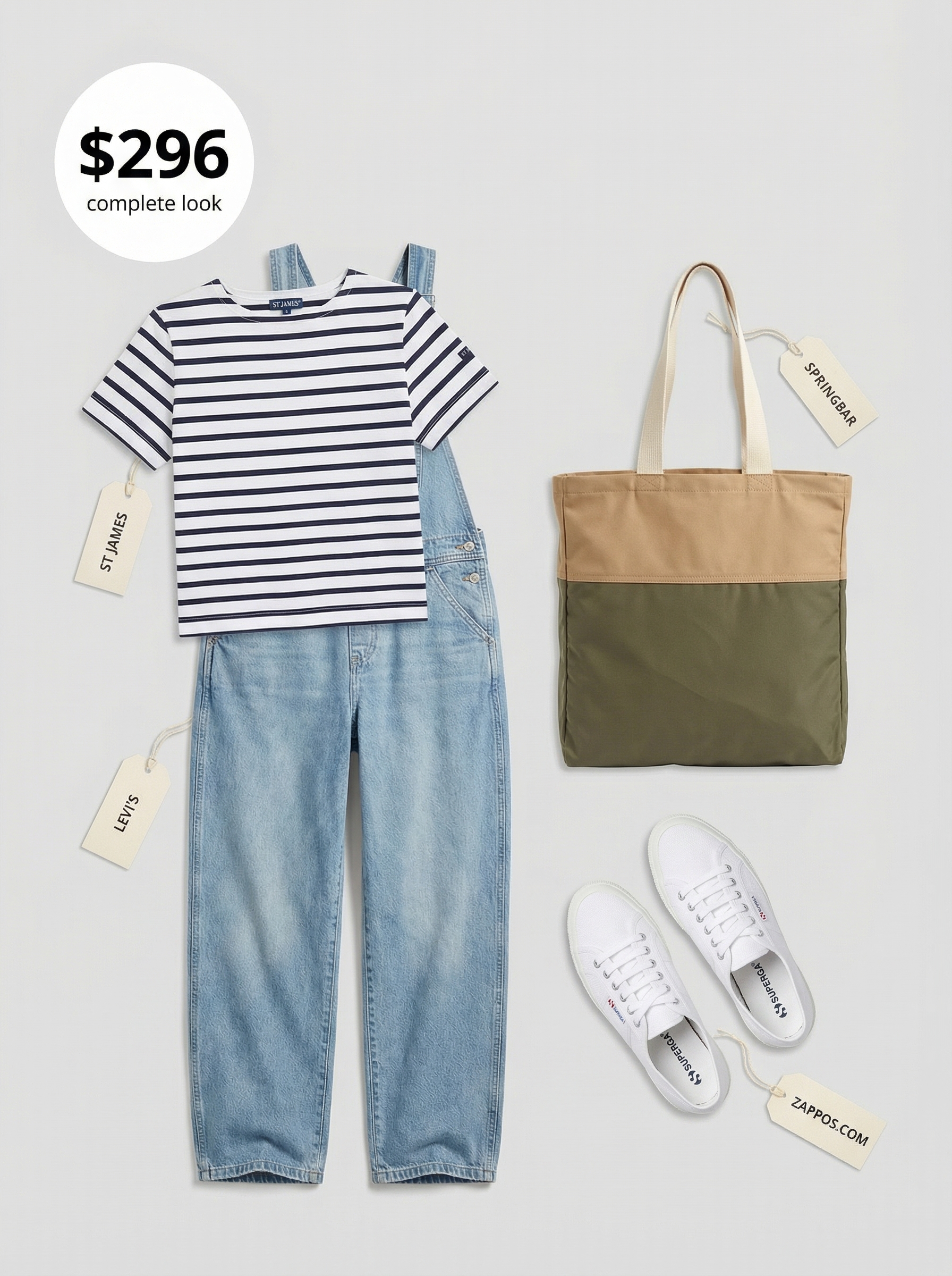 Fun Art Class Summer Camp Outfits 2024 Creative summer camp outfits with denim overalls, a striped tee, white sneakers, and a canvas tote, ideal for an art class.