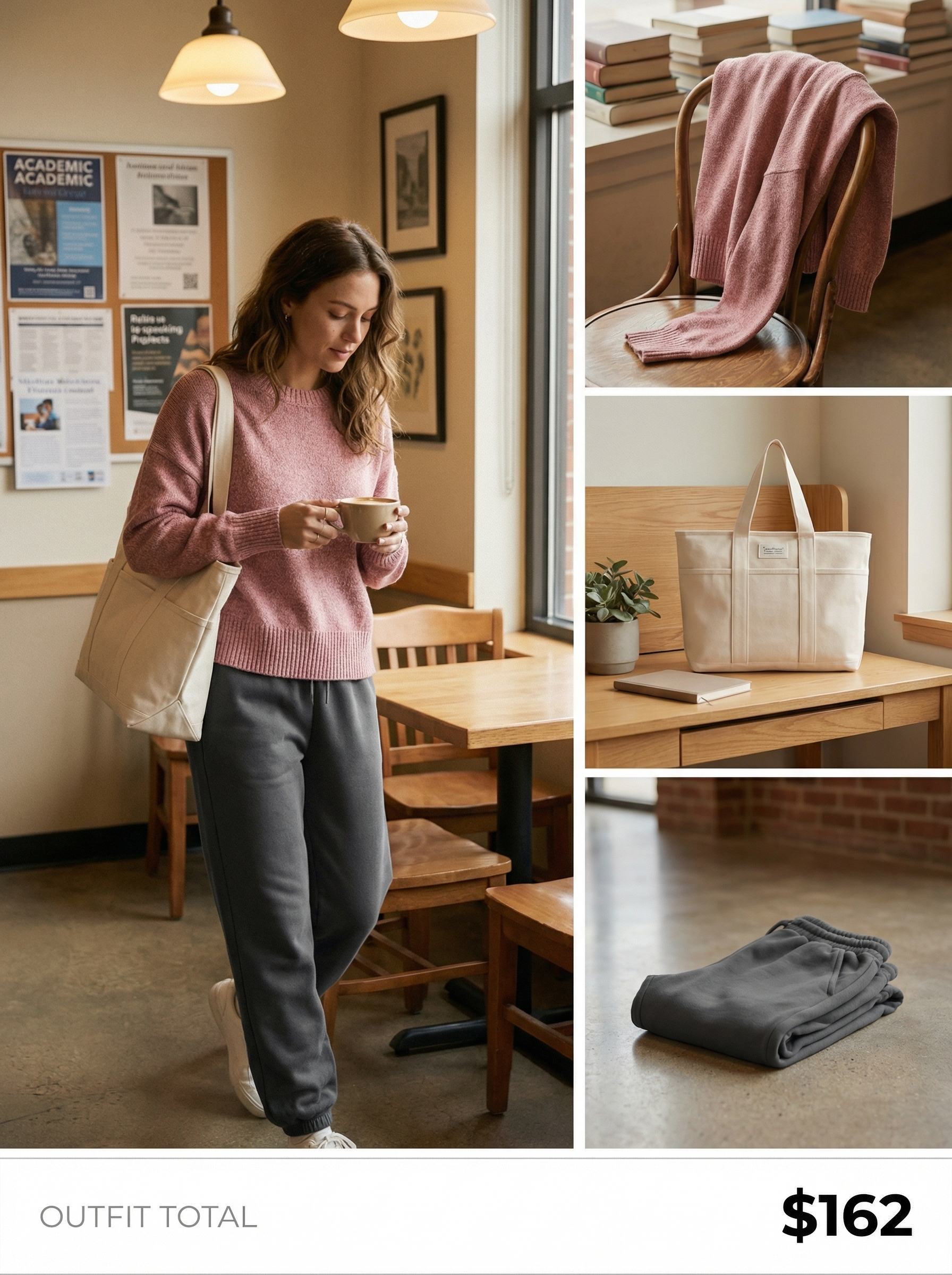 Cozy Campfire Summer Camp Outfits 2024 Cozy dusty rose oversized sweater with charcoal joggers and white sneakers, perfect summer camp outfits for a cool evening campfire.