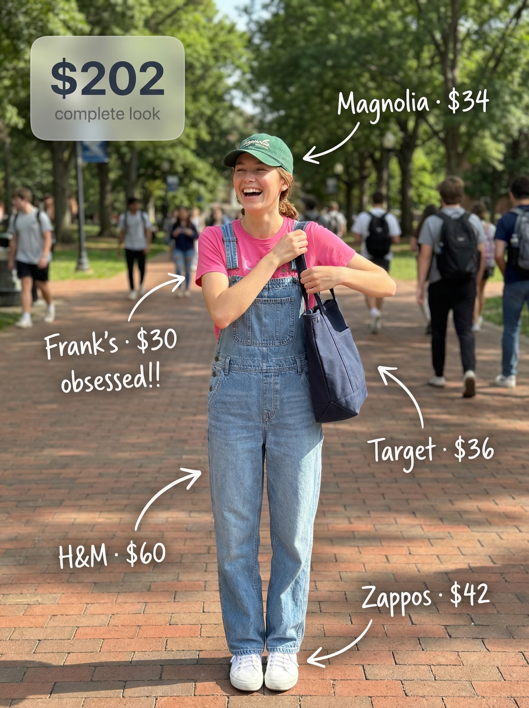 Creative Camp Counselor Outfit 2024 Playful creative summer camp outfit with denim overalls, a hot pink graphic tee, white sneakers, and a green baseball cap.