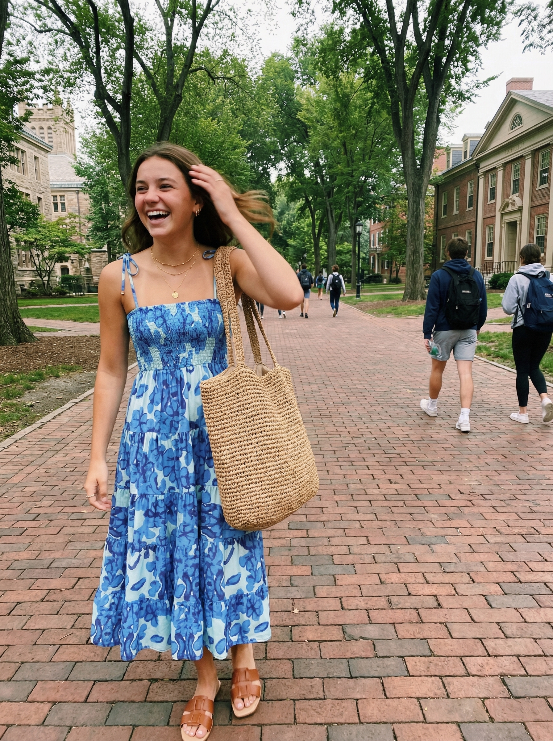 Feminine Lakeside Summer Camp Outfits 2024 A feminine navy blue floral midi sundress with tan flat slide sandals and a woven straw tote bag, lovely summer camp outfits for a lakeside picnic.