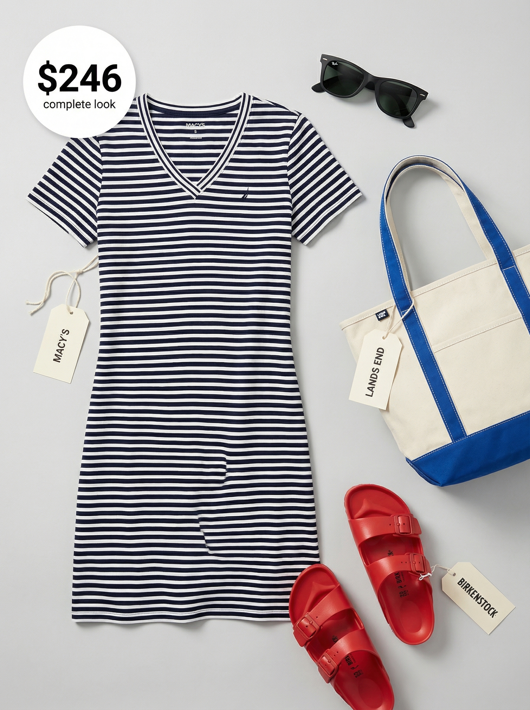 Lakeside Summer Camp Outfit 2024 Relaxed navy and white striped t-shirt dress with red slide sandals and a large canvas tote, perfect summer camp outfit for lakeside lounging.