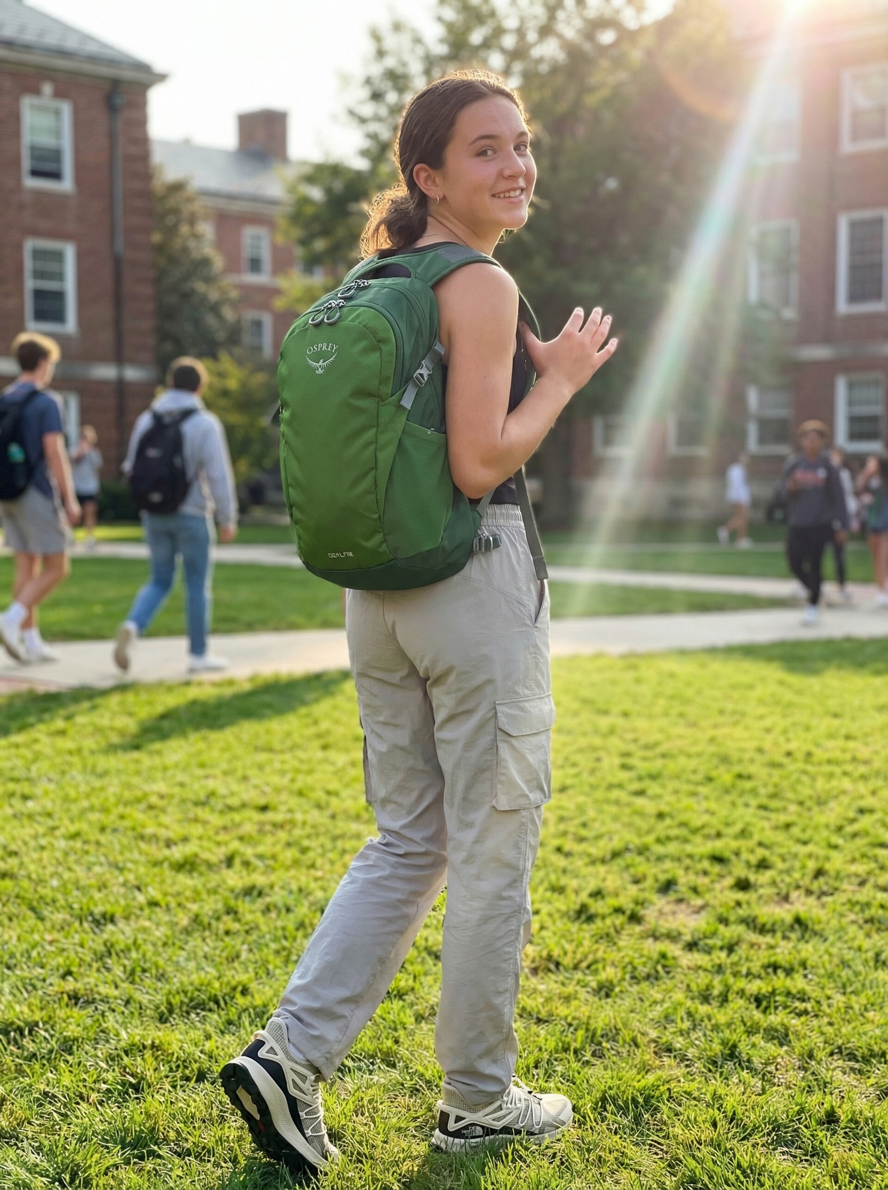 Chic Nature Walk Summer Camp Outfits 2024 Earthy summer camp outfits for a nature walk, with stone grey cargo pants, a black fitted top, and lightweight hiking shoes.