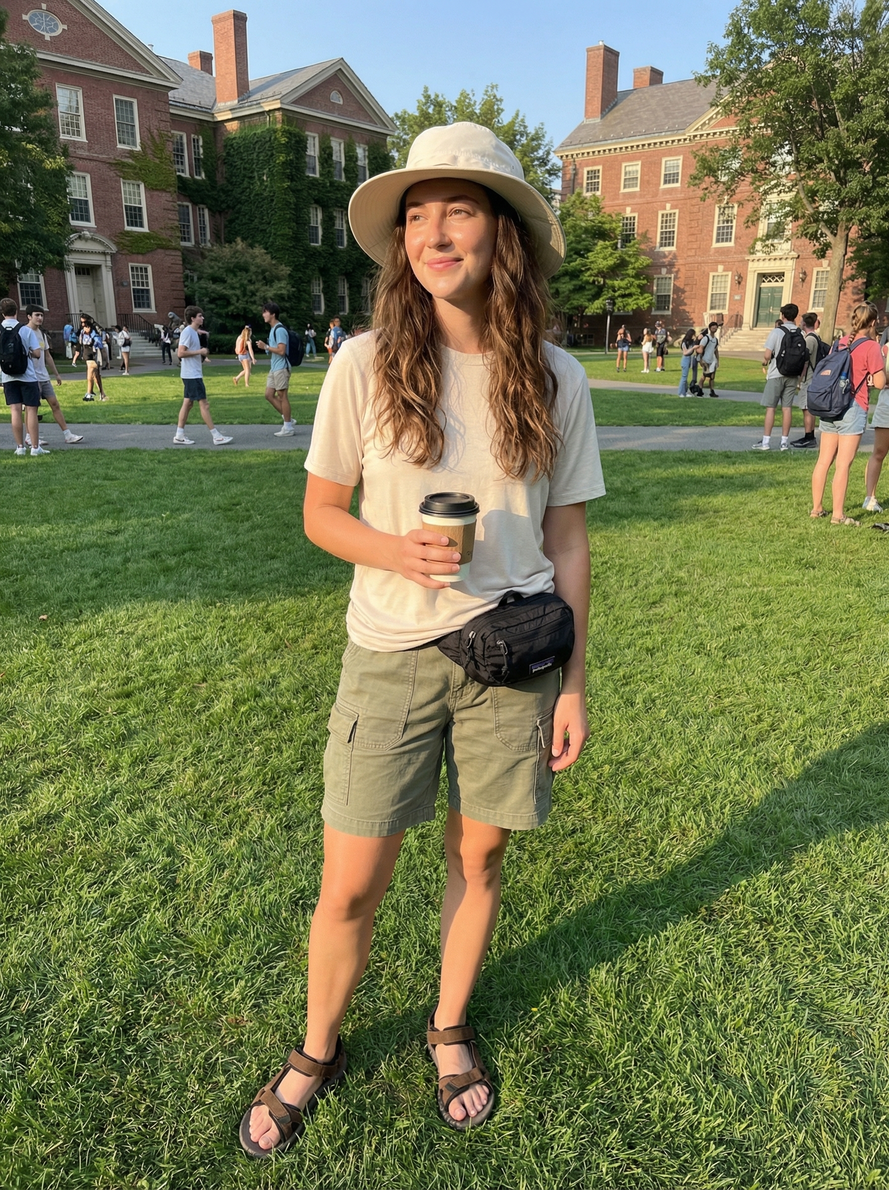 Explorer Summer Camp Outfit 2024 Adventurous olive green cargo shorts, cream moisture-wicking tee, hiking sandals, and a bucket hat, a practical summer camp outfit.