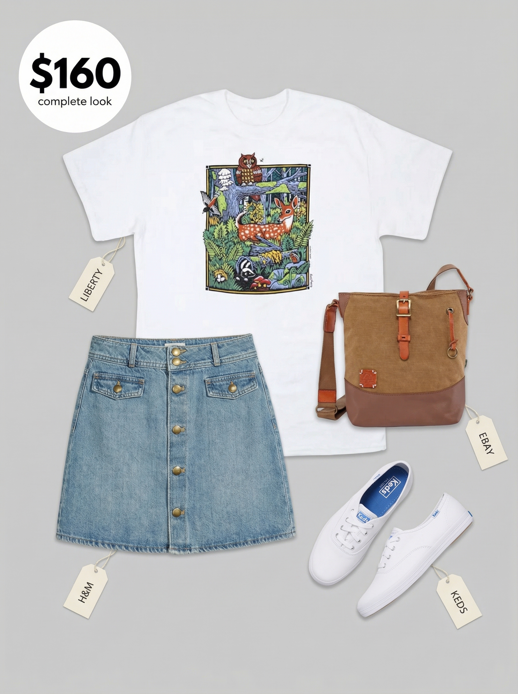 Nature Walk Summer Camp Outfit 2024 Playful nature walk summer camp outfit with a denim A-line mini skirt, white whimsical graphic tee, white sneakers, and a tan crossbody bag.