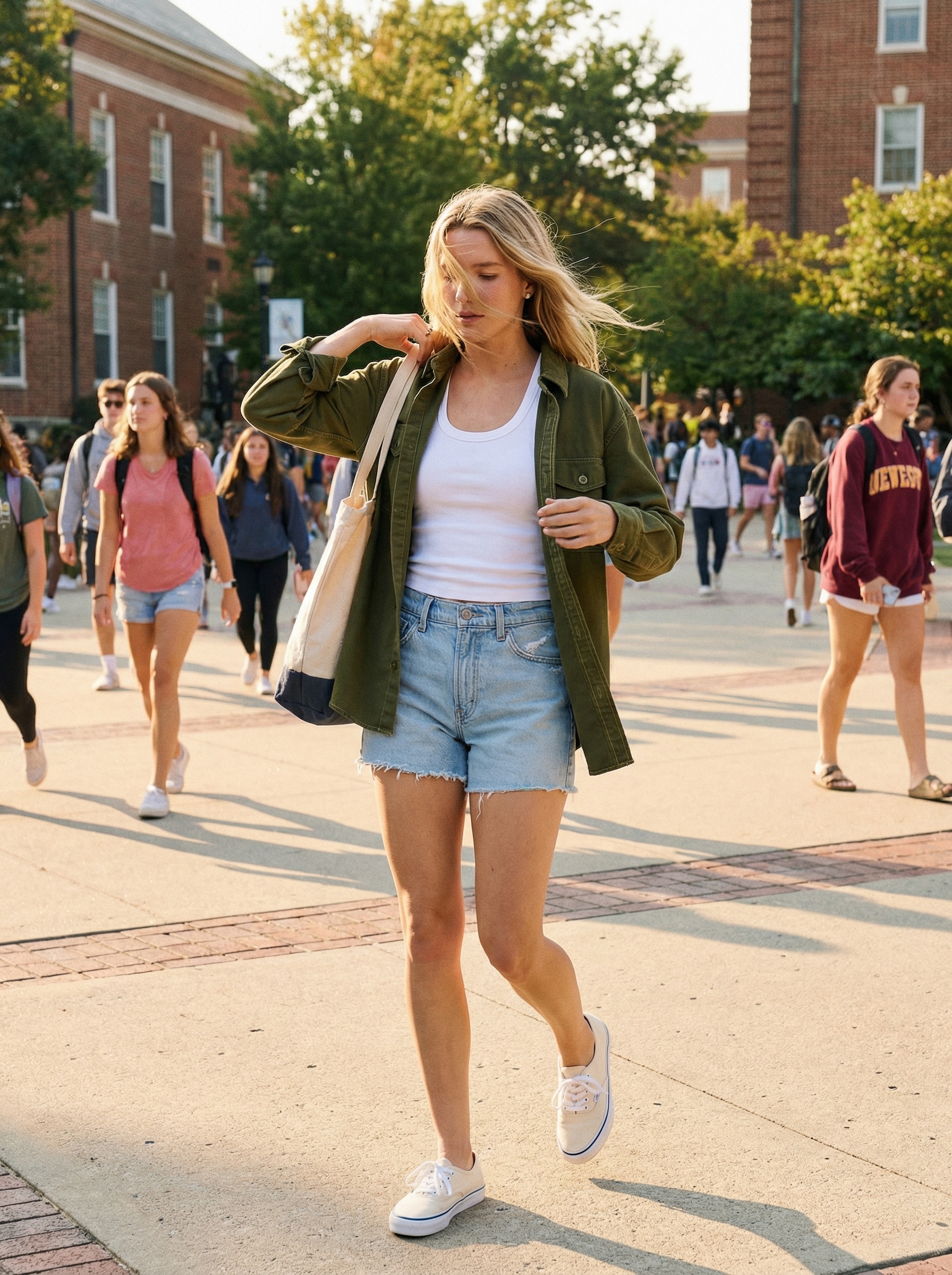 Campfire Cozy Summer Camp Outfits 2024 Cozy khaki green oversized button-down shirt over a white ribbed tank, with light wash denim shorts and off-white canvas sneakers, perfect summer camp outfits for a campfire.