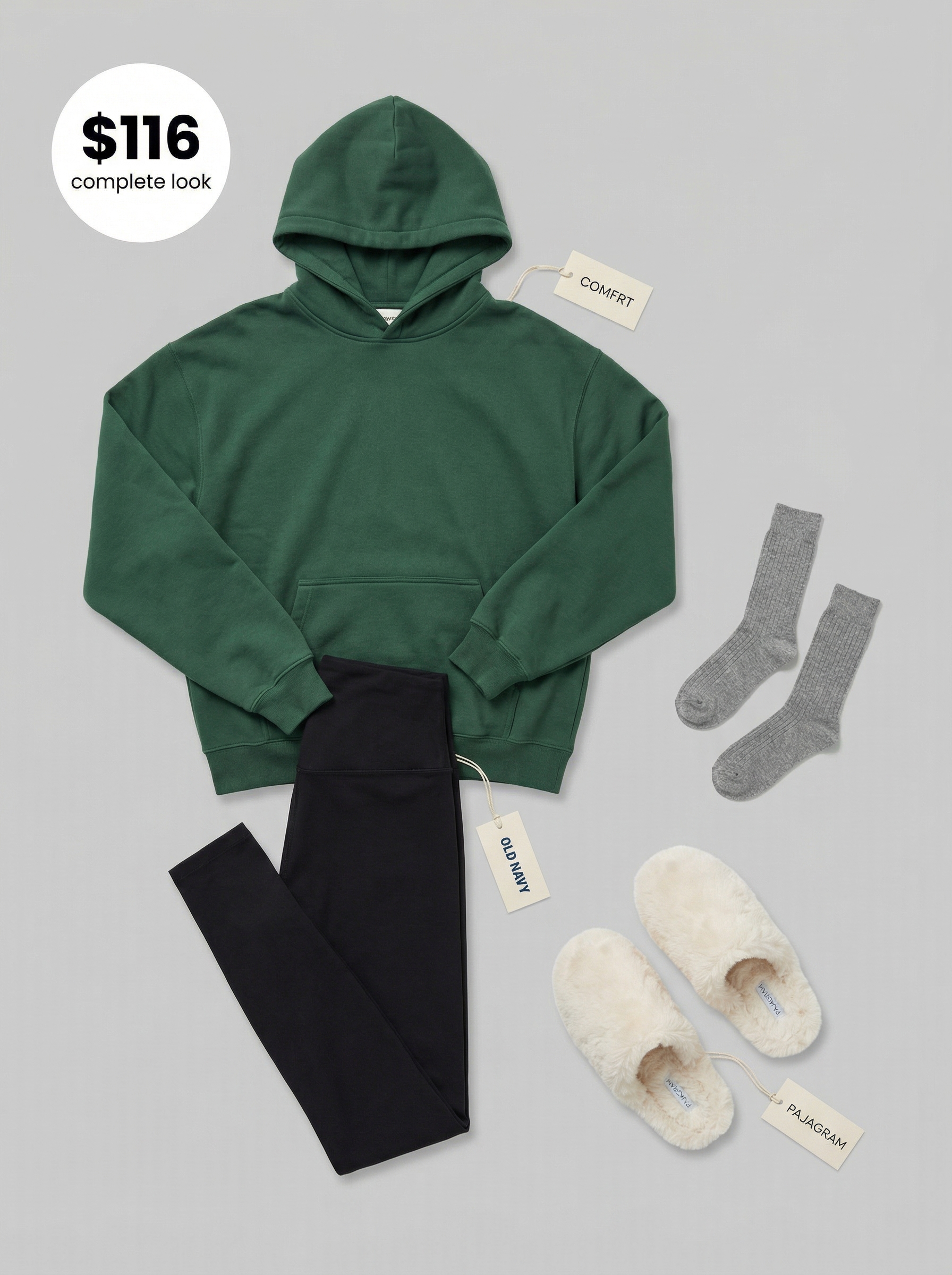 Cozy Rainy Day Summer Camp Outfits 2024 Cozy summer camp outfits featuring a green oversized hoodie, black leggings, and fuzzy cream slippers, perfect for a rainy indoor day.