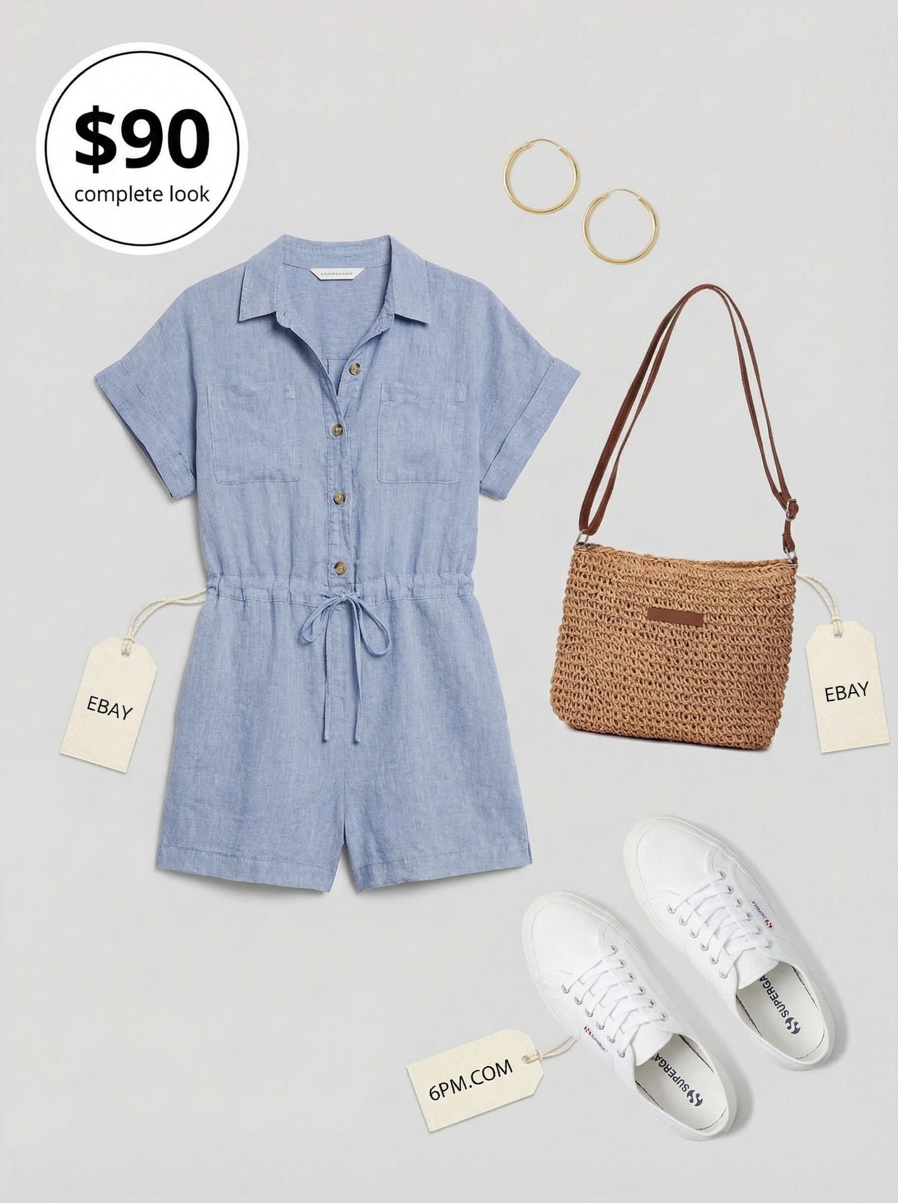 Effortless Picnic Summer Camp Outfits 2024 A sweet light blue linen blend romper with white canvas sneakers and a tan straw crossbody bag, perfect summer camp outfits for a picnic in the park.