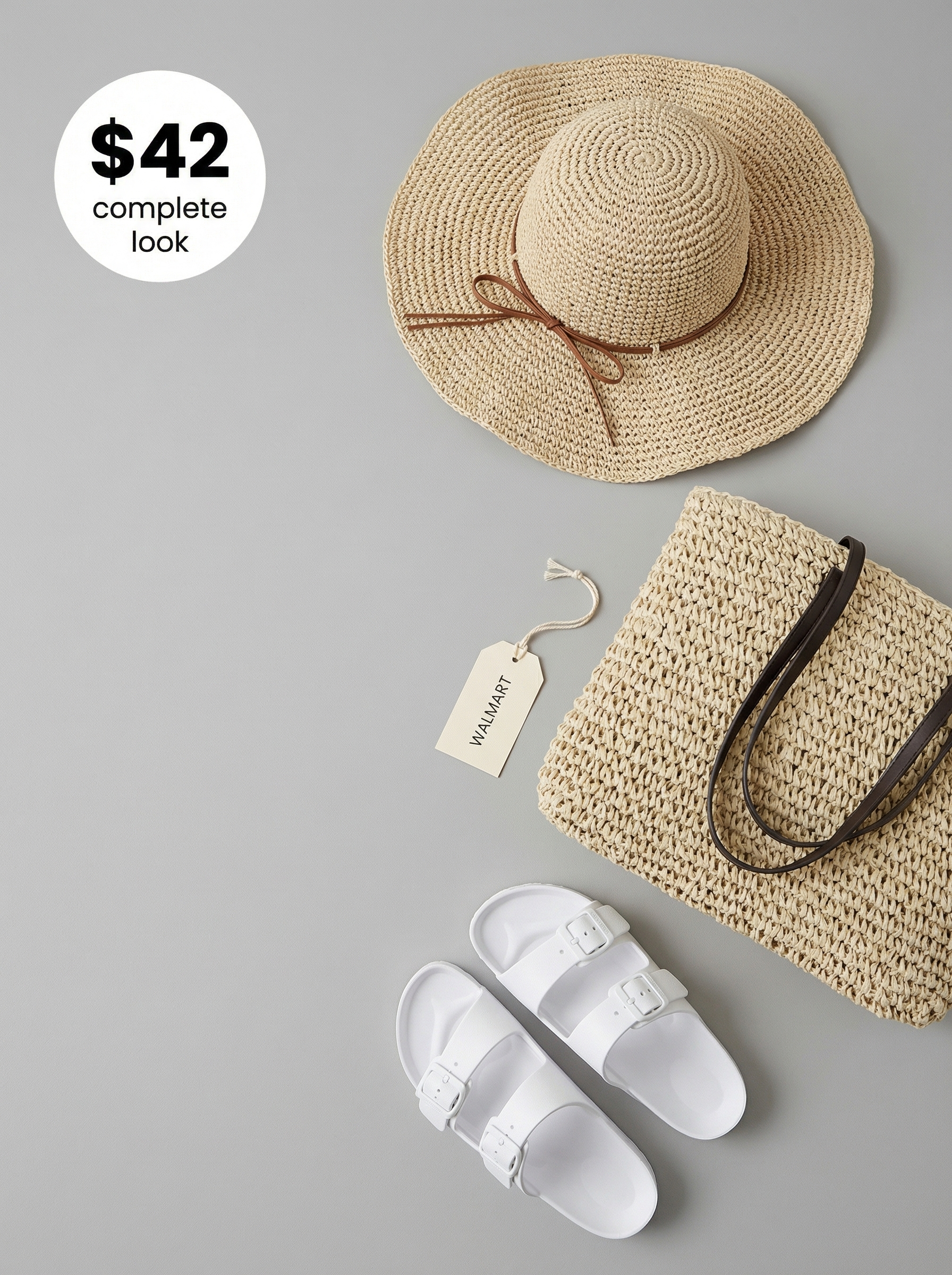 Relaxed Poolside Summer Camp Outfits 2024 A playful coral pink linen blend utility romper, white slide sandals, and a large straw tote bag, ideal summer camp outfits for a relaxed pool day.