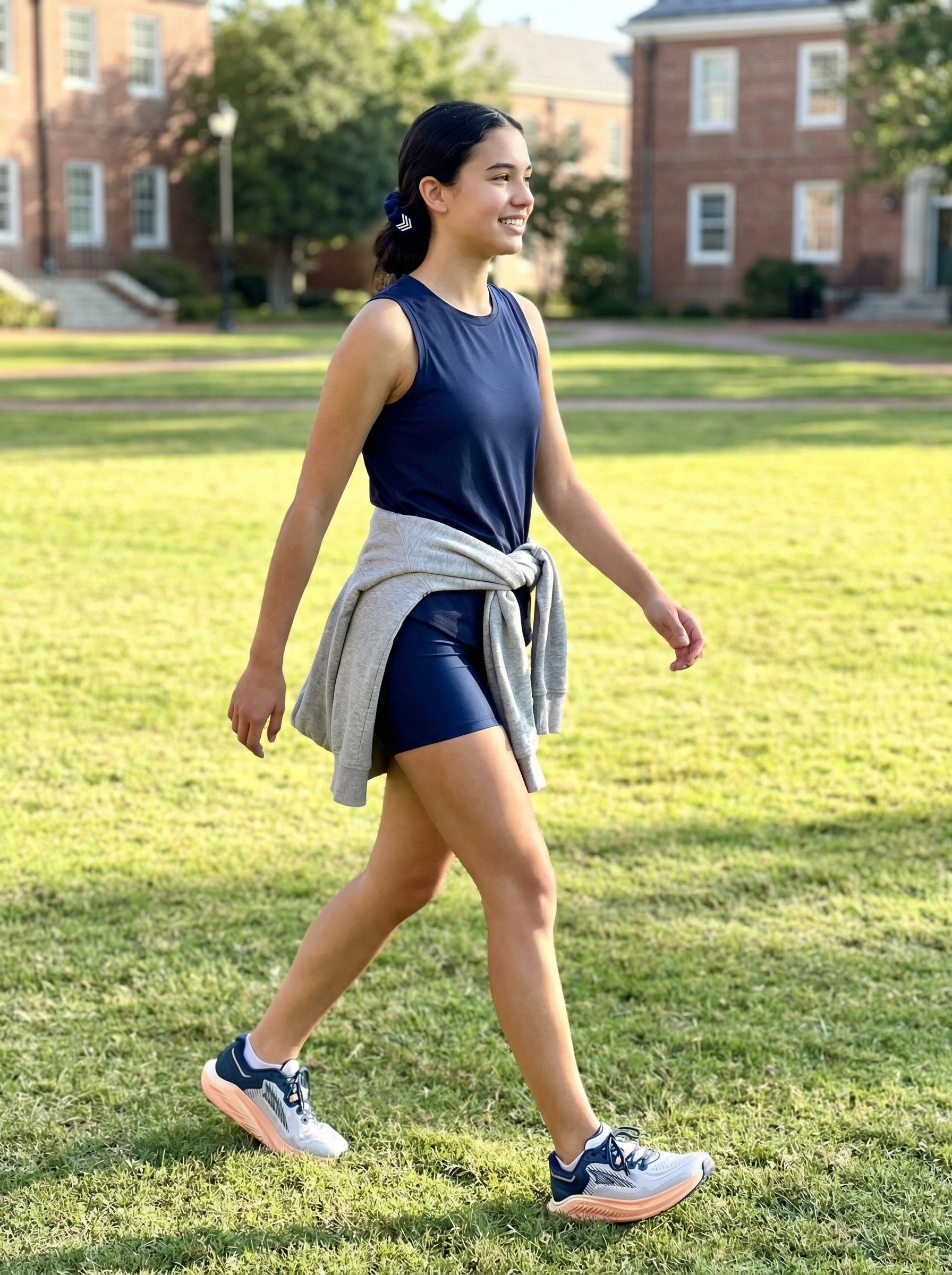Sporty Morning Hike Summer Camp Outfits 2024 Active navy blue athletic shorts with a heather gray zip-up hoodie and white running sneakers, essential summer camp outfits for a morning hike.