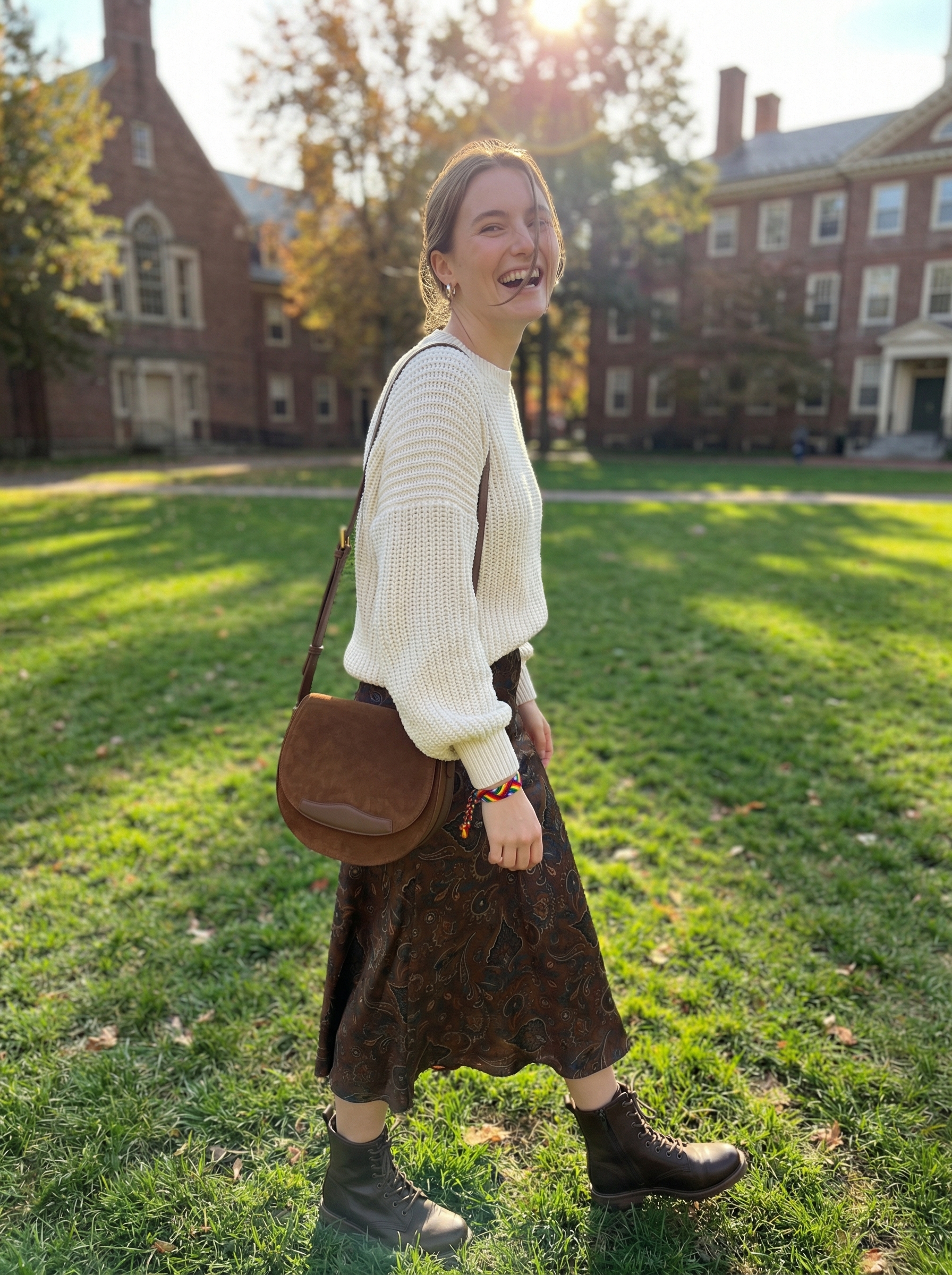 Stargazing Summer Camp Outfit 2024 Cozy autumn summer camp outfit features an oversized cream knit sweater, a brown and mustard print midi skirt, and combat boots.