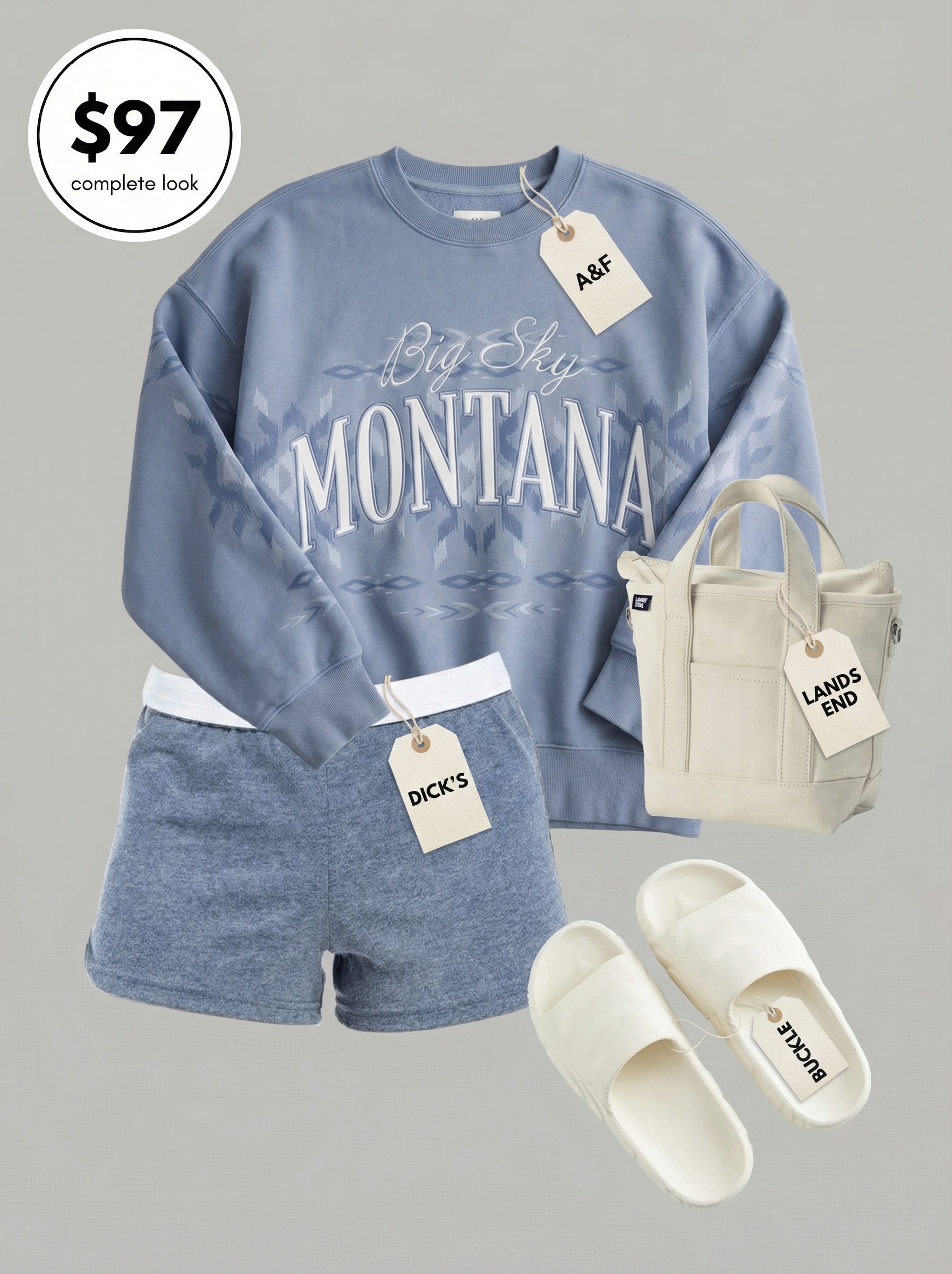 Cozy Lakeside Summer Camp Outfits 2024 A chill dusty blue oversized crewneck sweatshirt, heather grey athletic shorts, and off-white slide sandals, cozy summer camp outfits for lakeside lounging.